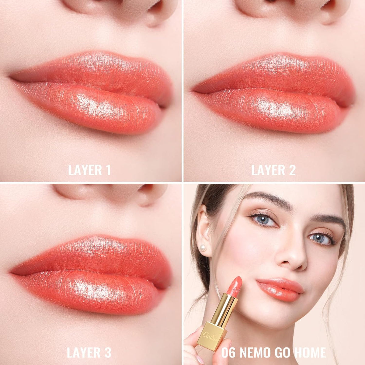 Oulac Coral Pink Lipstick for Women with Metallic 3D Shine Lightweight Hydrating Formula, High