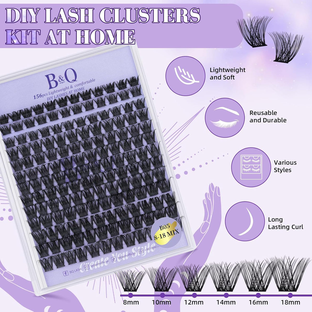 B&Q Lash Clusters 156PCS Lash Clusters Kit B05 DIY Lash Extension Kit Eyelash Extension Kit 8-18mm