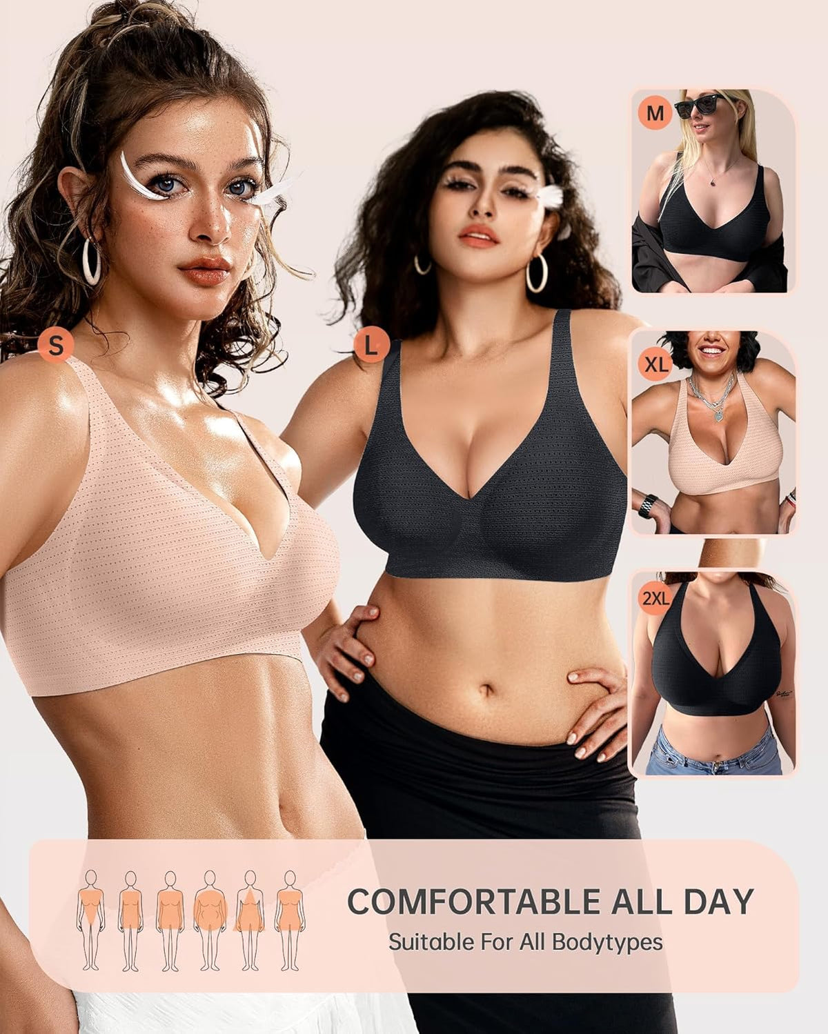 OEAK Womens Deep V Bras Wireless Comfortable Bra Supportive No Underwire Bras Tshirt Push Up
