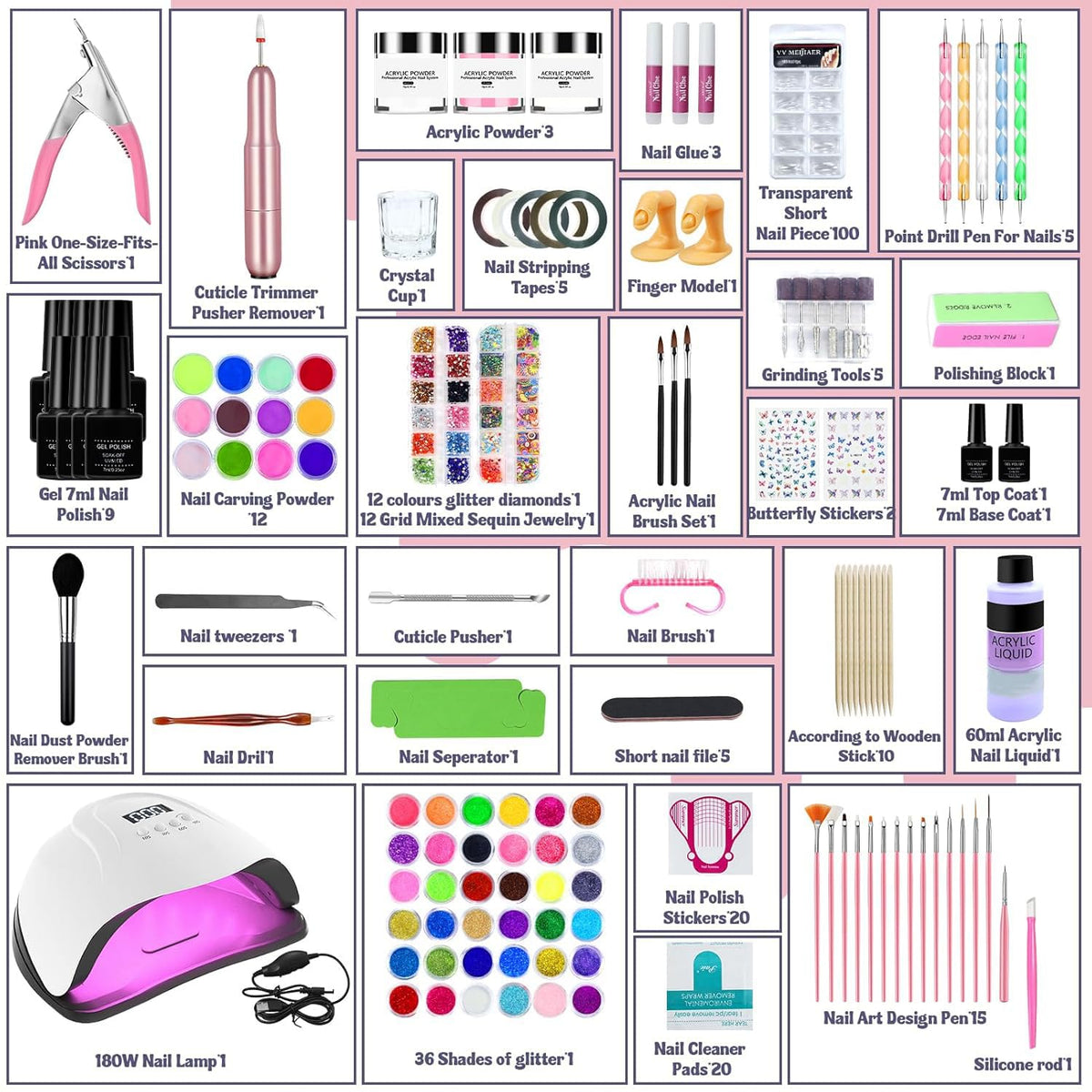 Acrylic Nail Kit, Acrylic Nail Set with Drill and UV Light,Professional Colored Acrylic Nail Powder