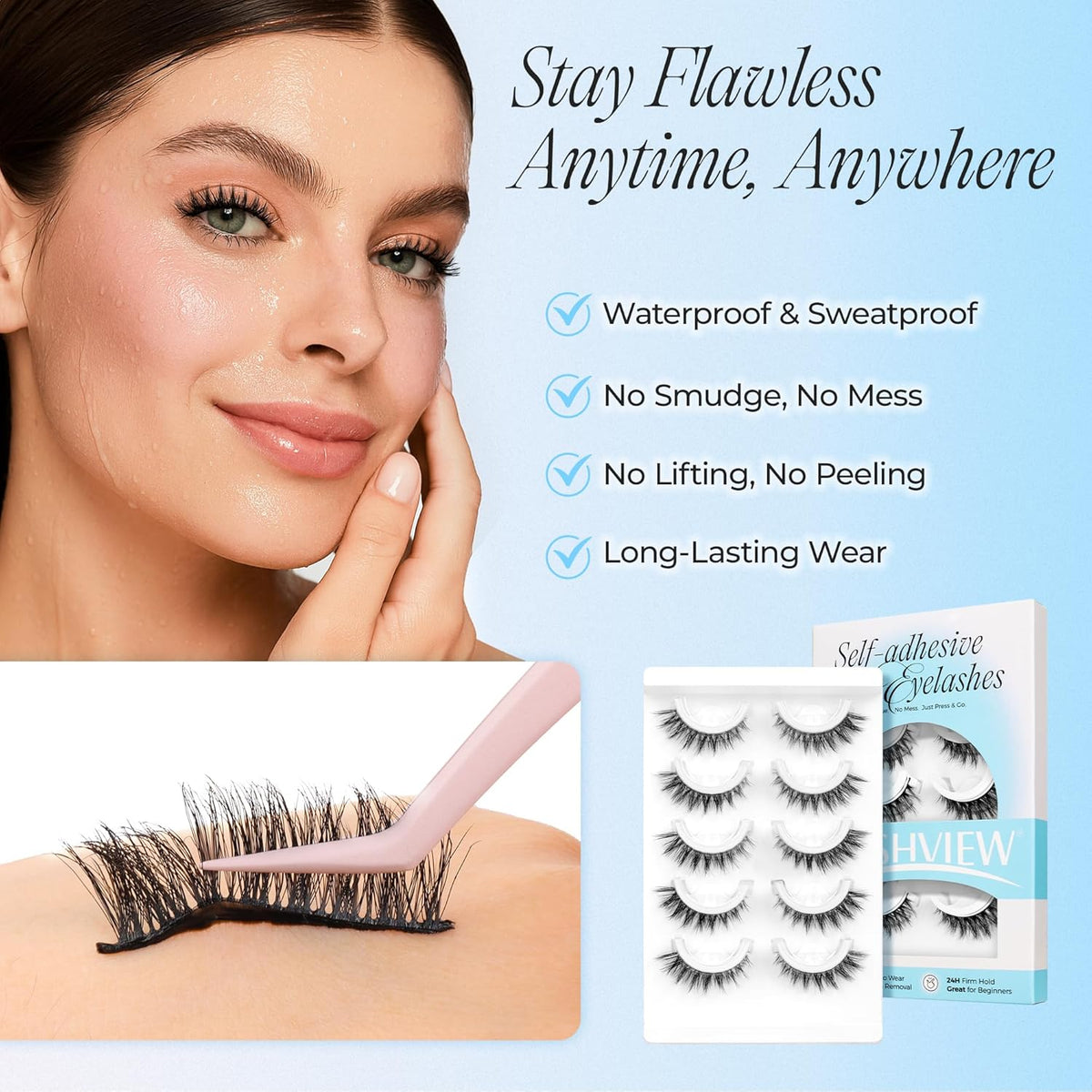 LASHVIEW Self Adhesive Eyelashes 5 Pairs Cat Eye Wispy Self-adhesive False Lashes Reusable Natural