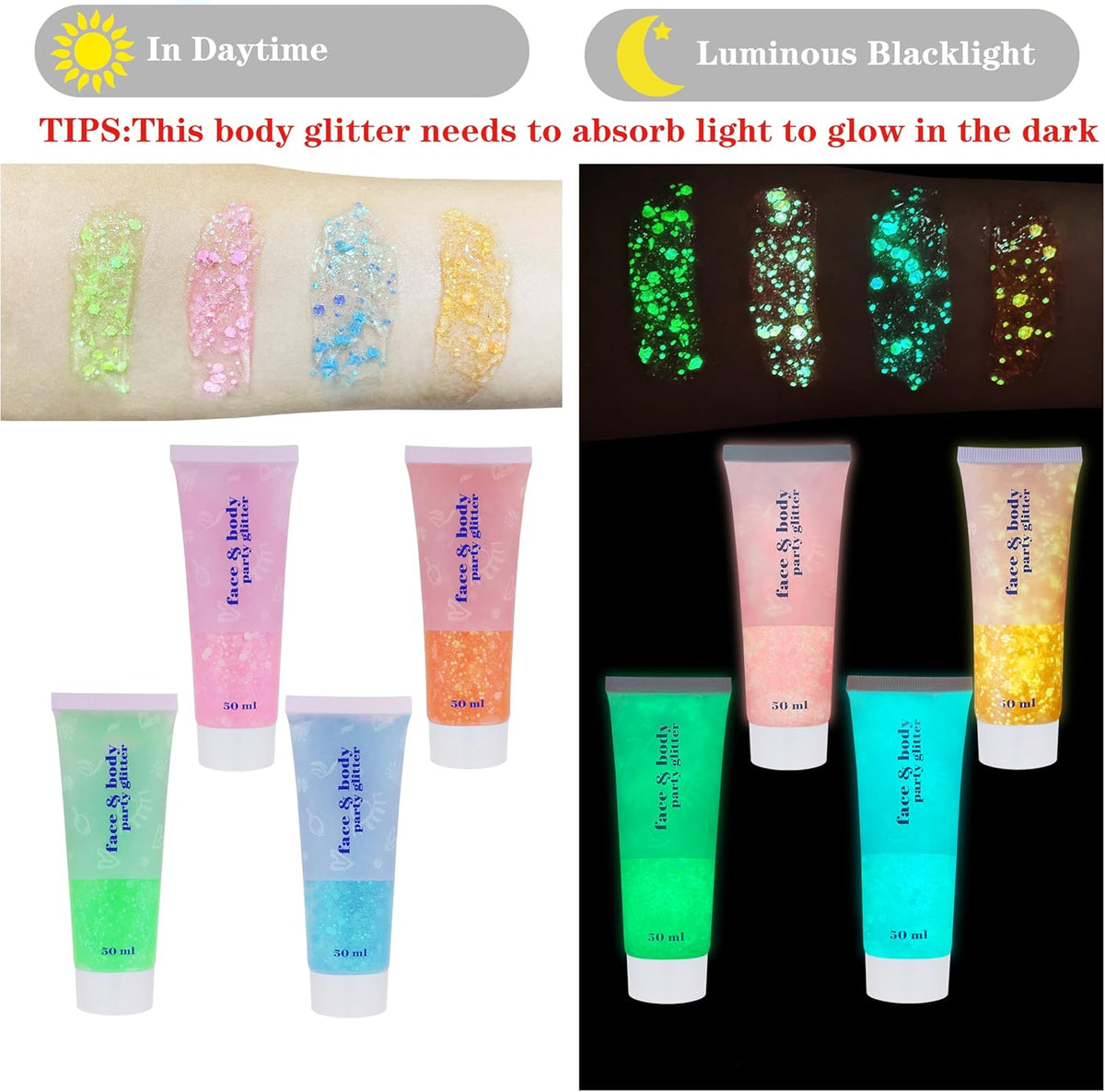 MEICOLY Neon Orange Body Glitter Gel,UV Blacklight Chunky Face Glitter Gel,Glow in The Dark Glitter