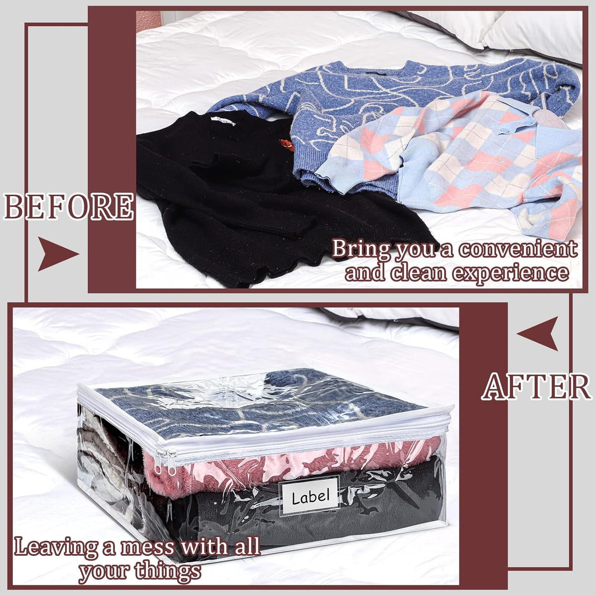 Hoolerry 6 Pieces Sweater Storage Bags Plastic Clear PVC Clothes Storage Bags with Zipper and Label