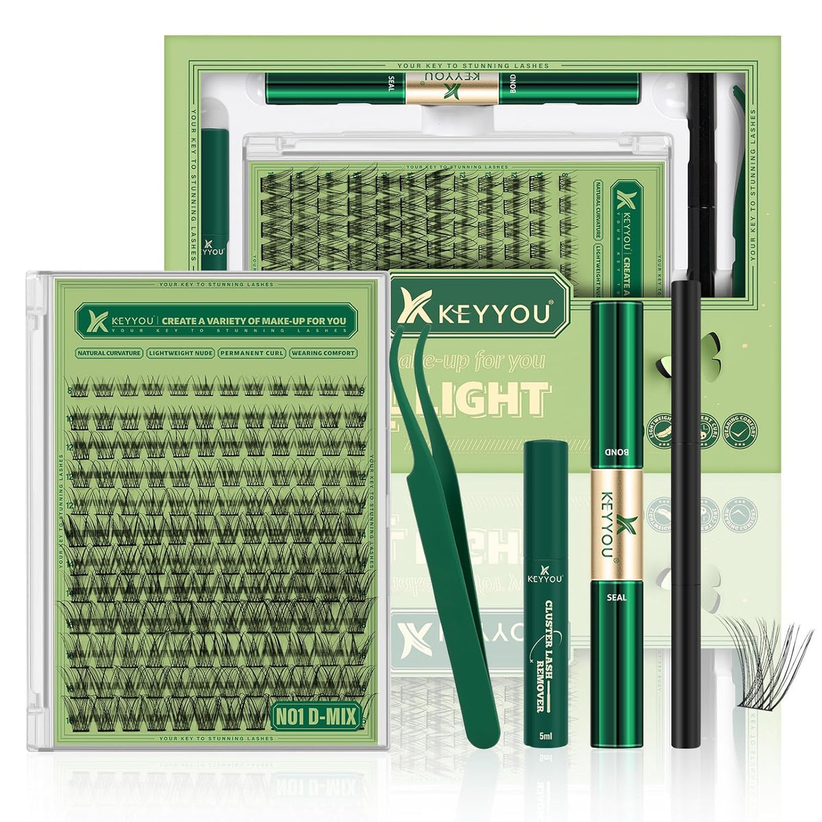 KEYYOU Natural Lash Clusters Kit 144Pcs DIY Lash Extension Kit Wispy Eyelash Extensions Kit D Curl