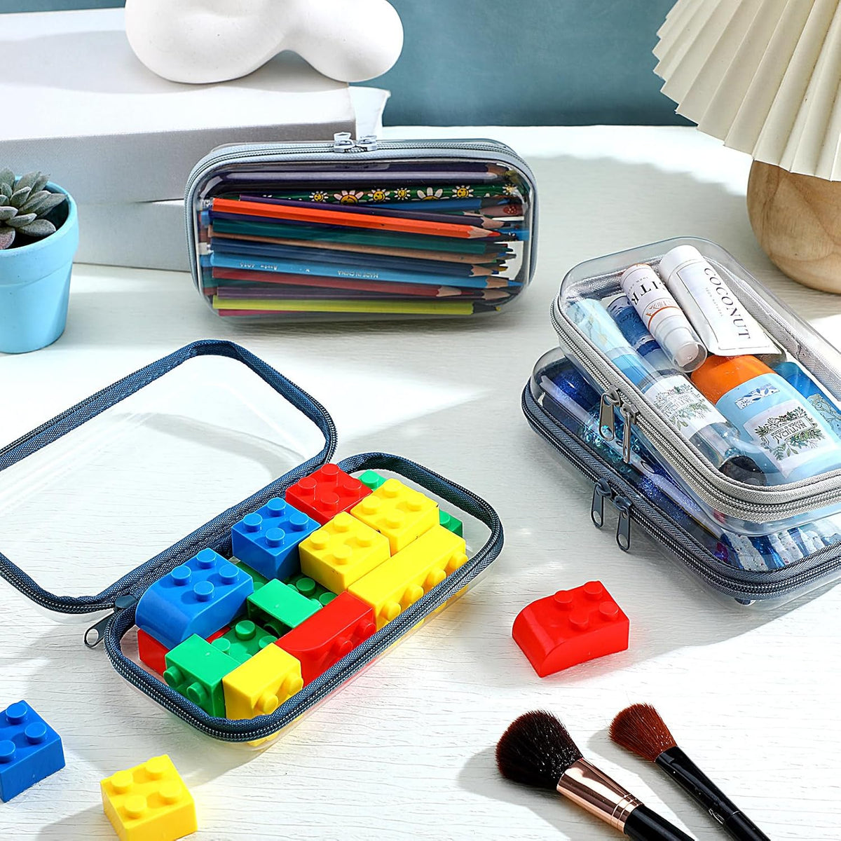 Hoolerry 4 Pcs Hard Clear Zipper Case Makeup Bags Plastic Pencil Pouch Transparent Storage Box