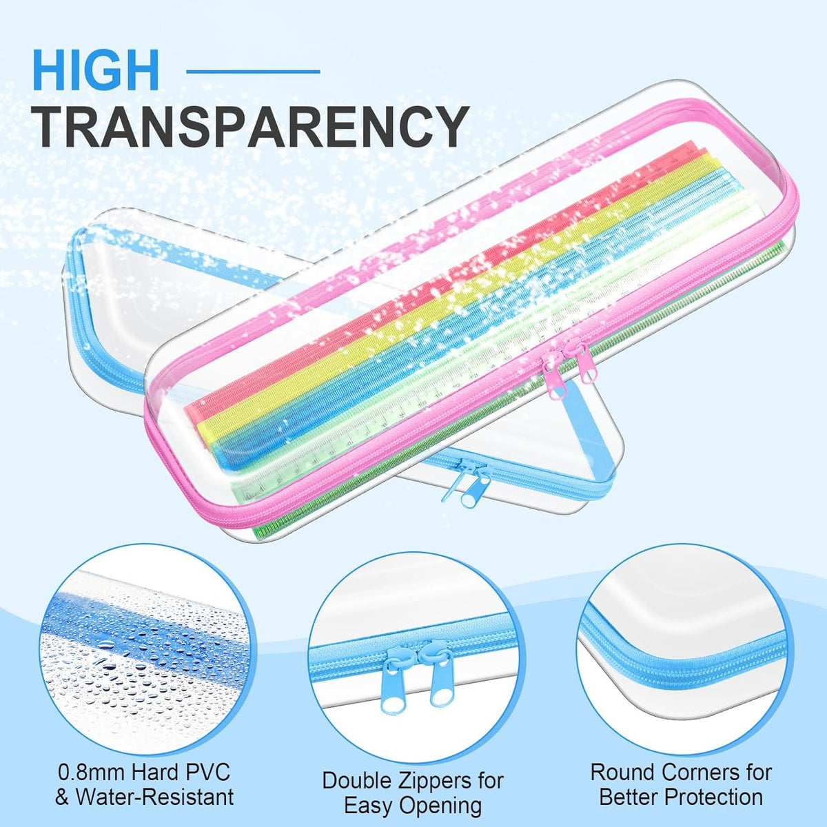 Hoolerry 4 Pcs Hard Clear Zipper Case Makeup Bags Plastic Pencil Pouch Transparent Storage Box