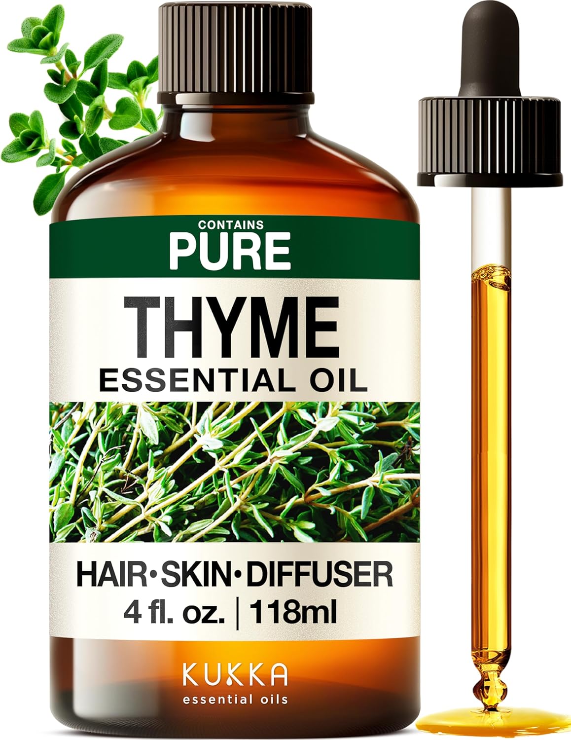 Kukka Thyme Essential Oil for Hair, Skin & Diffuser - 4 Fl Oz - Thyme Oil, Herbaceous Scent, for