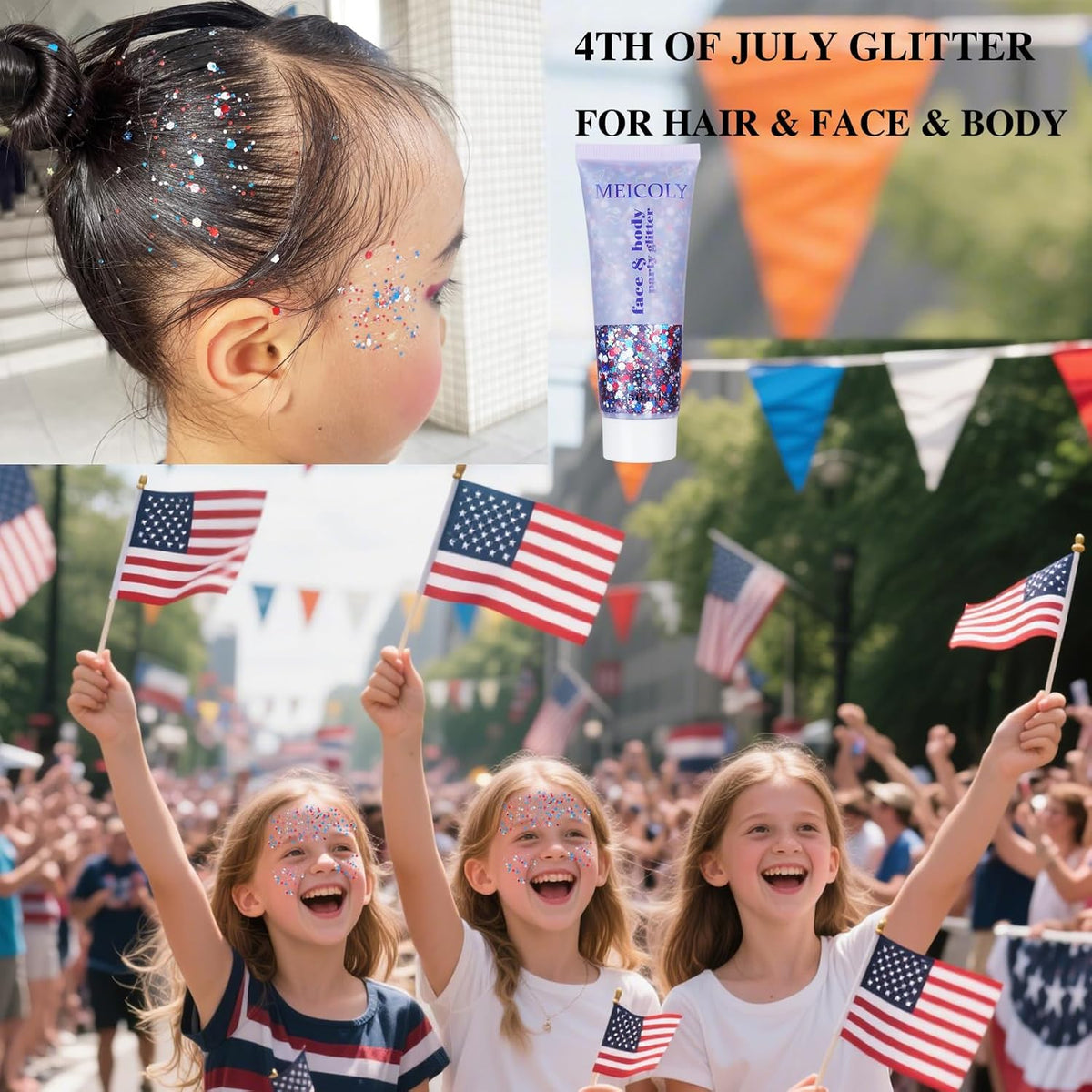 MEICOLY Red White and Blue Body Glitter,4th of July Accessories Hair Glitter for Kids,4th of July