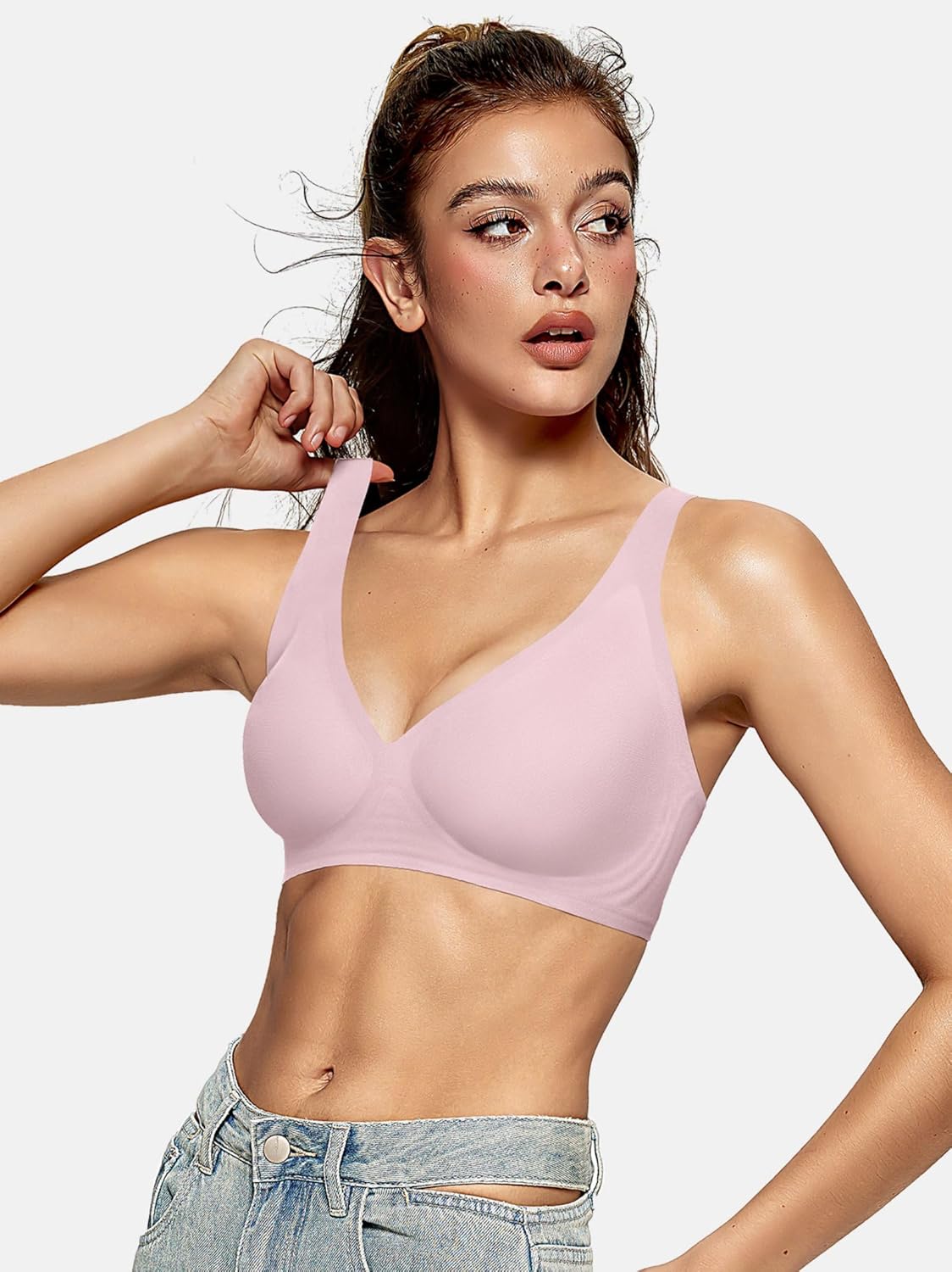 OEAK Womens Deep V Bras Wireless Comfortable Bra Supportive No Underwire Bras Tshirt Push Up