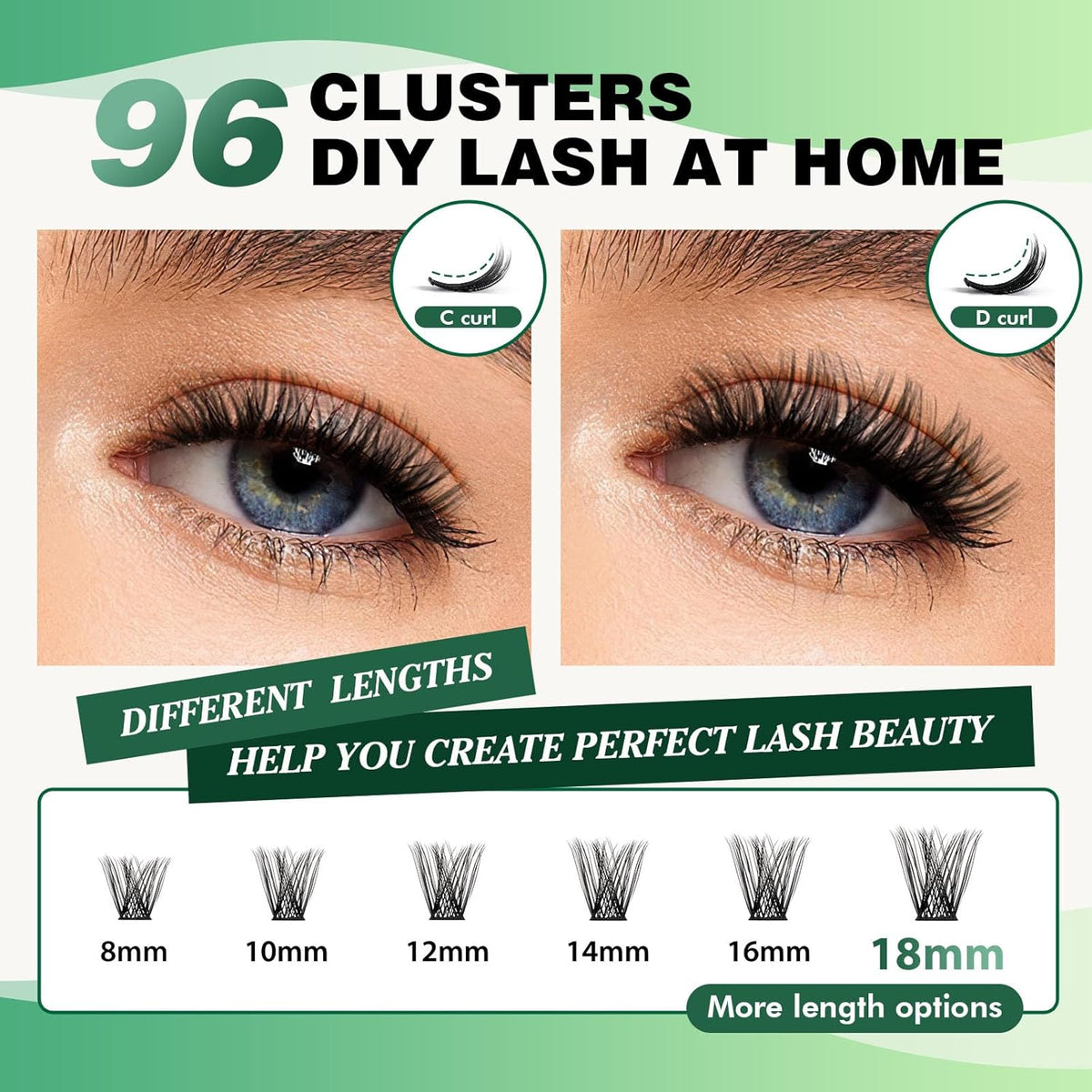 KEYYOU Lash Clusters,96 Pcs Cluster Lashes Y01 D Curl 12mm DIY Lash Extensions Eyelash