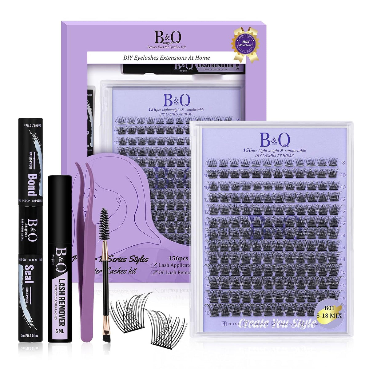 Lash Extension Kit B01 Eyelash Extension Kit B&Qaugen DIY Lash Extension Kit 156 PCS Lash Clusters
