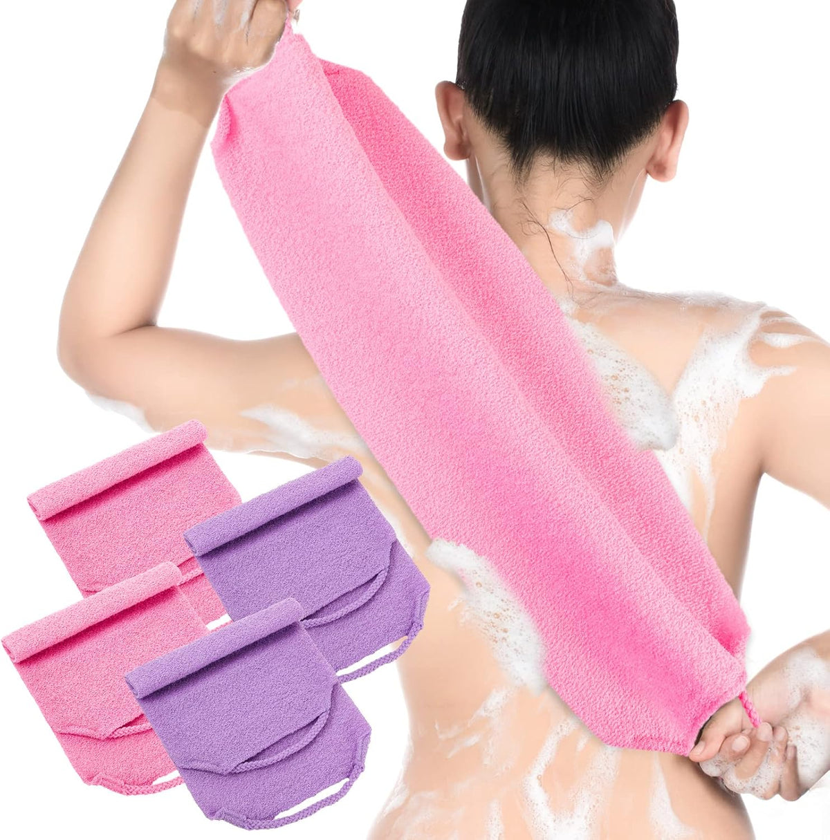 Moukeren Exfoliating Back Scrubber with Handles 4 Pack Nylon Back Exfoliator Extended Length