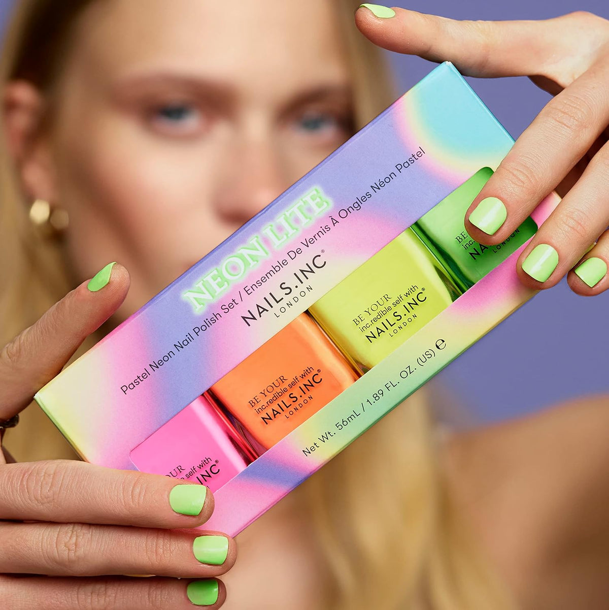 Nails Inc Neon Lite Nail Polish Quad, Neon Glow Enhancing Shades, Fast Drying, Long Lasting, Chip