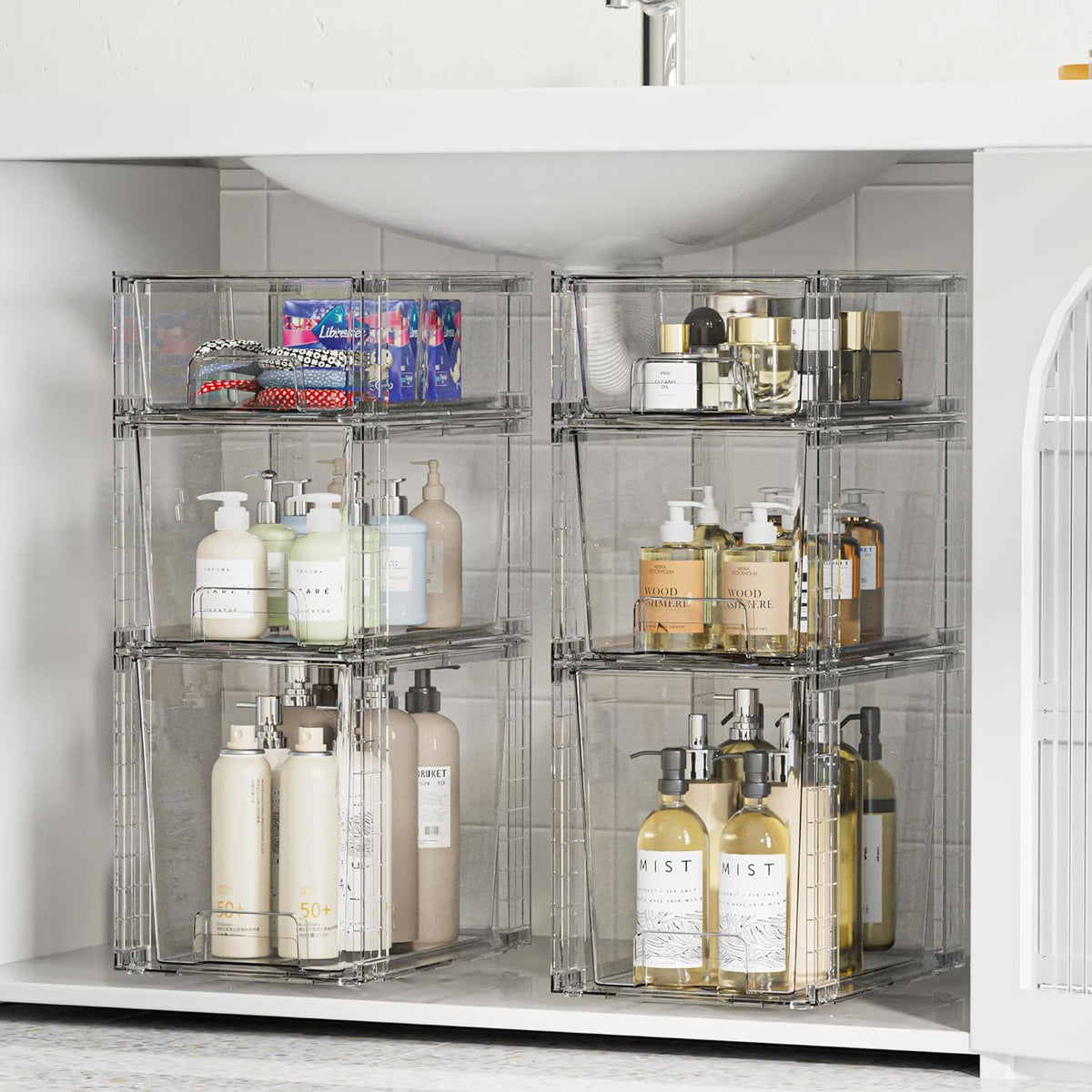 Vtopmart 6 Pack Clear Stackable Storage Drawers,Easy to Assemble Bathroom Organizers and Storage