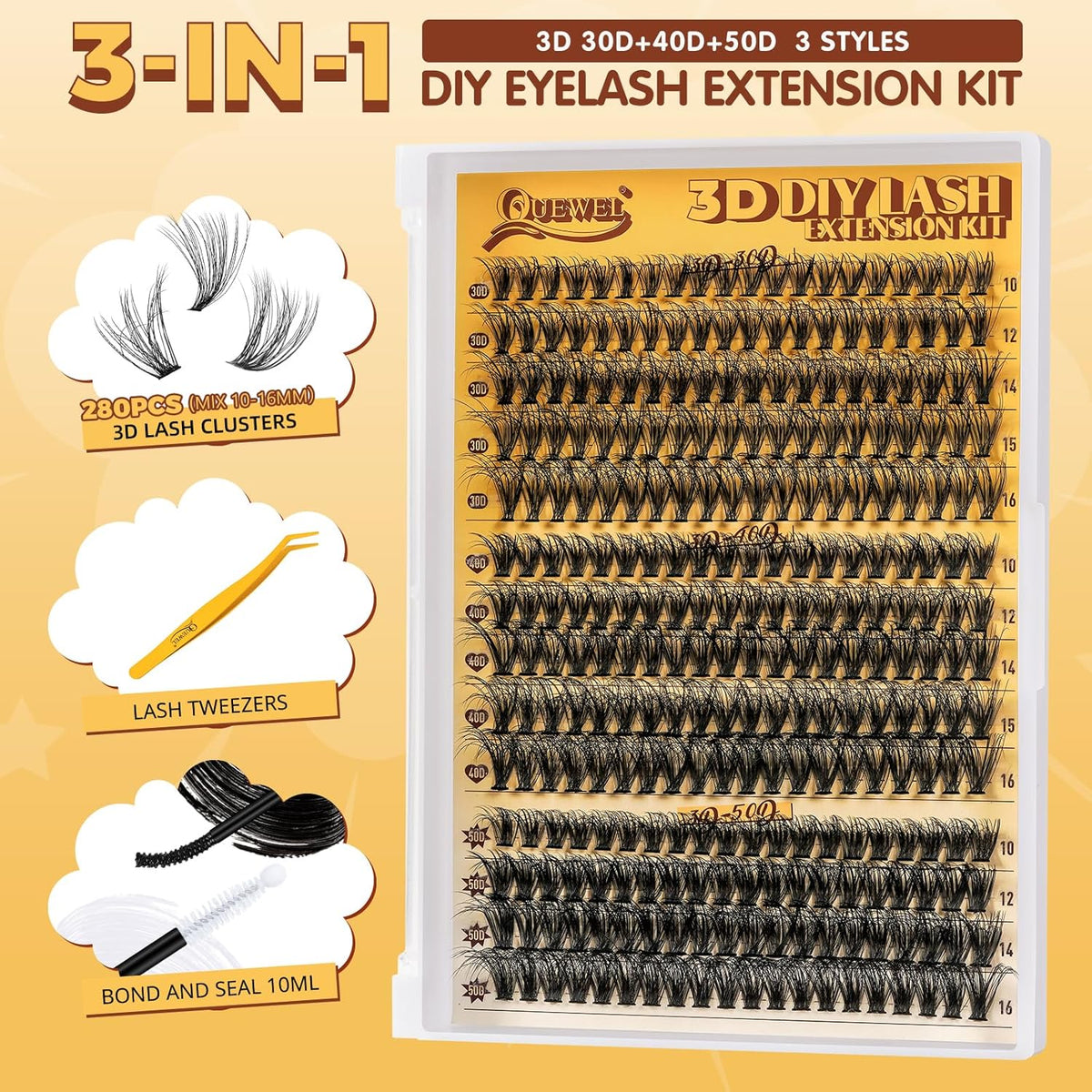 QUEWEL DIY-Lash-Extension-Kit, 3D Lash-Clusters-Kit with 280PCS 30+40+50D Lashes Clusters Mixed