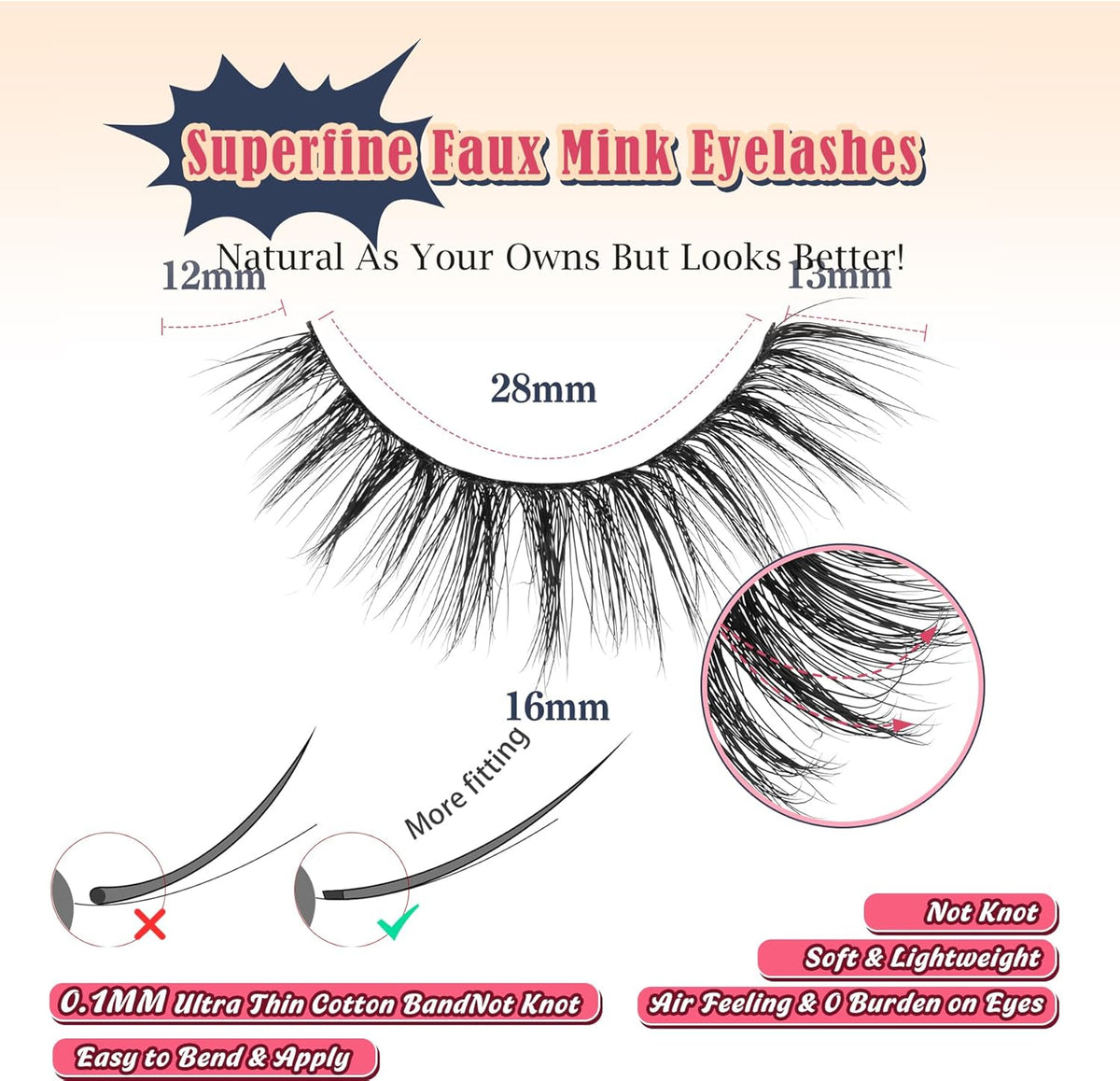 False Lashes Wispy Eyelashes Natural Look 15MM Fake Eyelash with 0.1MM Thin Band Lightweight 3D