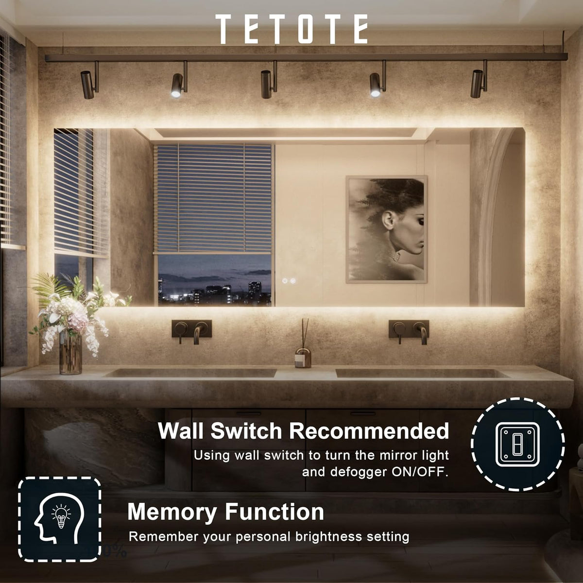 TETOTE 48 x 36 Inch LED Backlit Bathroom Mirror with Lights, 3Color White/Warm/Natural, Anti-Fog
