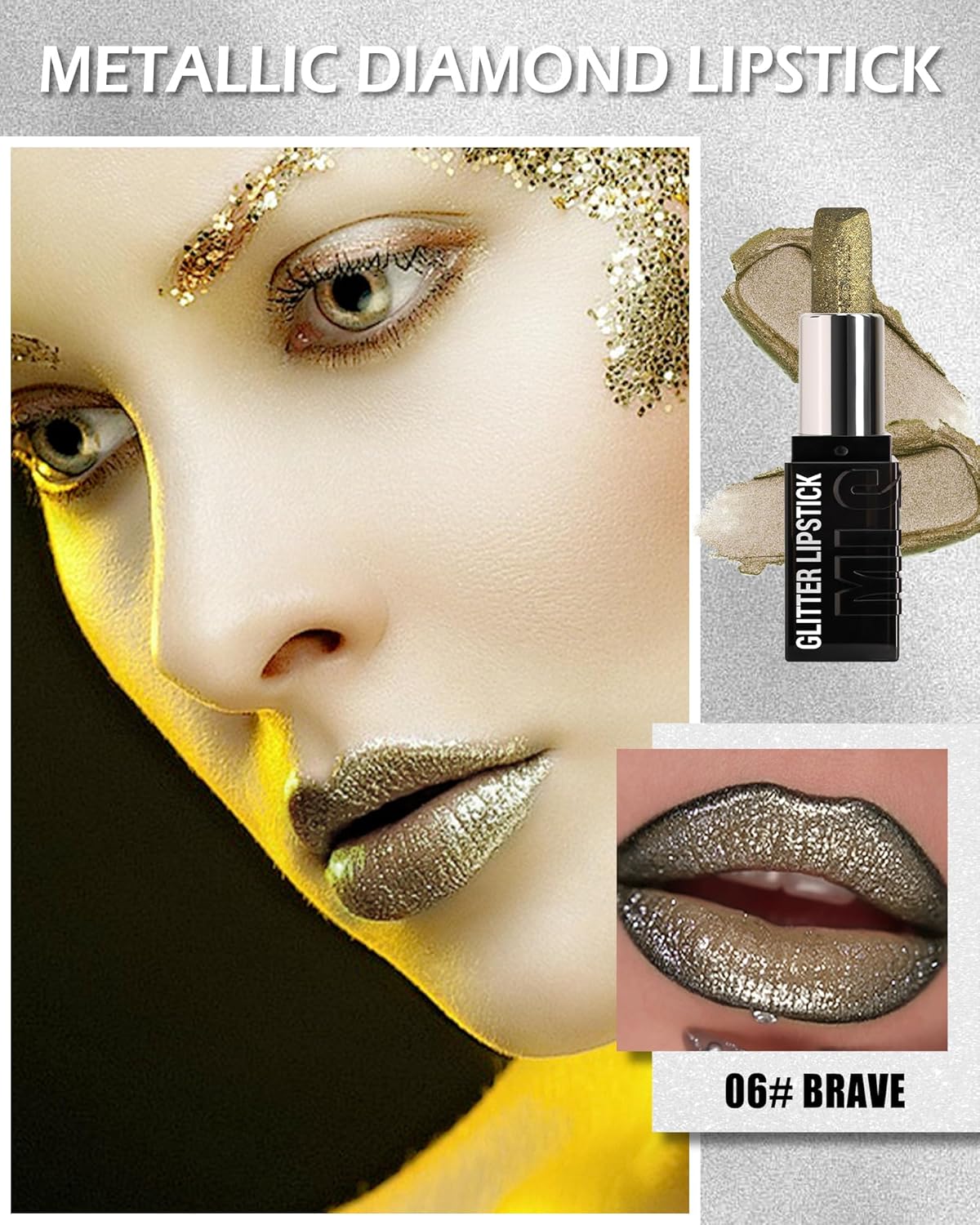 Diamond Glitter Matte Lipstick,Long Lasting Waterproof Green Glod Metallic Sparkling High Pigment