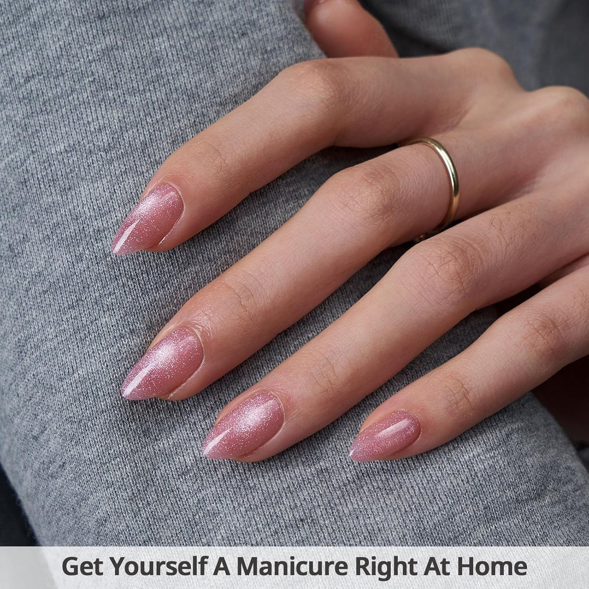 BTArtbox Press On Nails Short - Lamp-Curable Pink Cat Eye Almond Press On Nails with Glue for