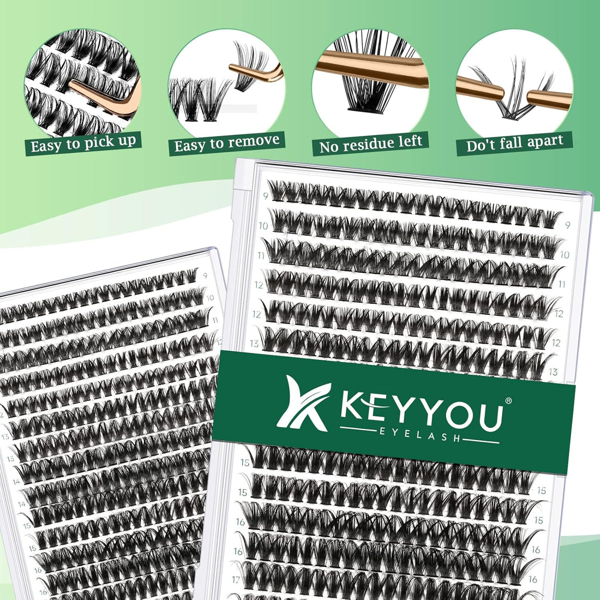Lash Clusters 300pcs Individual Lashes 50D 0.07D Curl 9-18MIX DIY Eyelash Extension KEYYOU Large