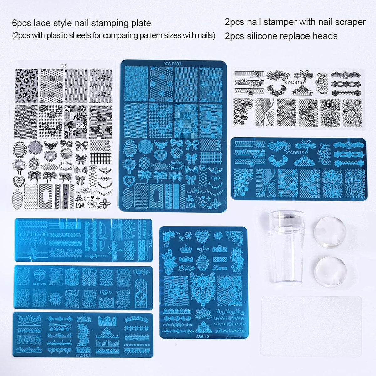 6pcs Lace Flower Design Nail Stamping Plate Kit With French Tip Nail Stamper Kit Ribbon Bow Knot