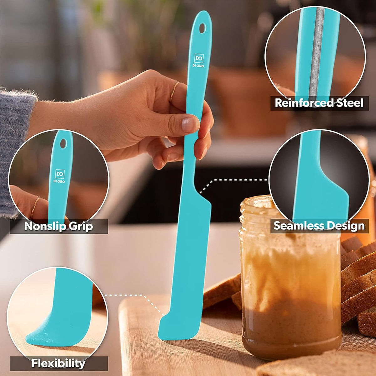 DI ORO Silicone Jar Spatulas for Scraping - Rubber Spatulas Silicone Heat Resistant - Kitchen