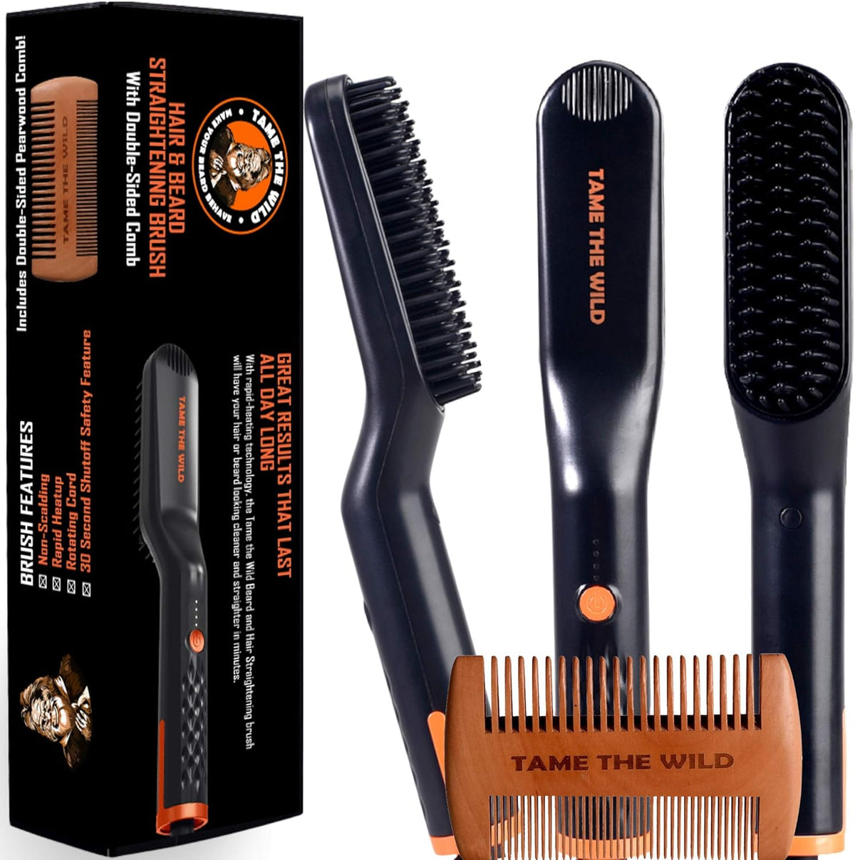 TAME The Wild Beard Brush and Beard Straightener for Men - Ionic Heated Comb with 3 Adjustable