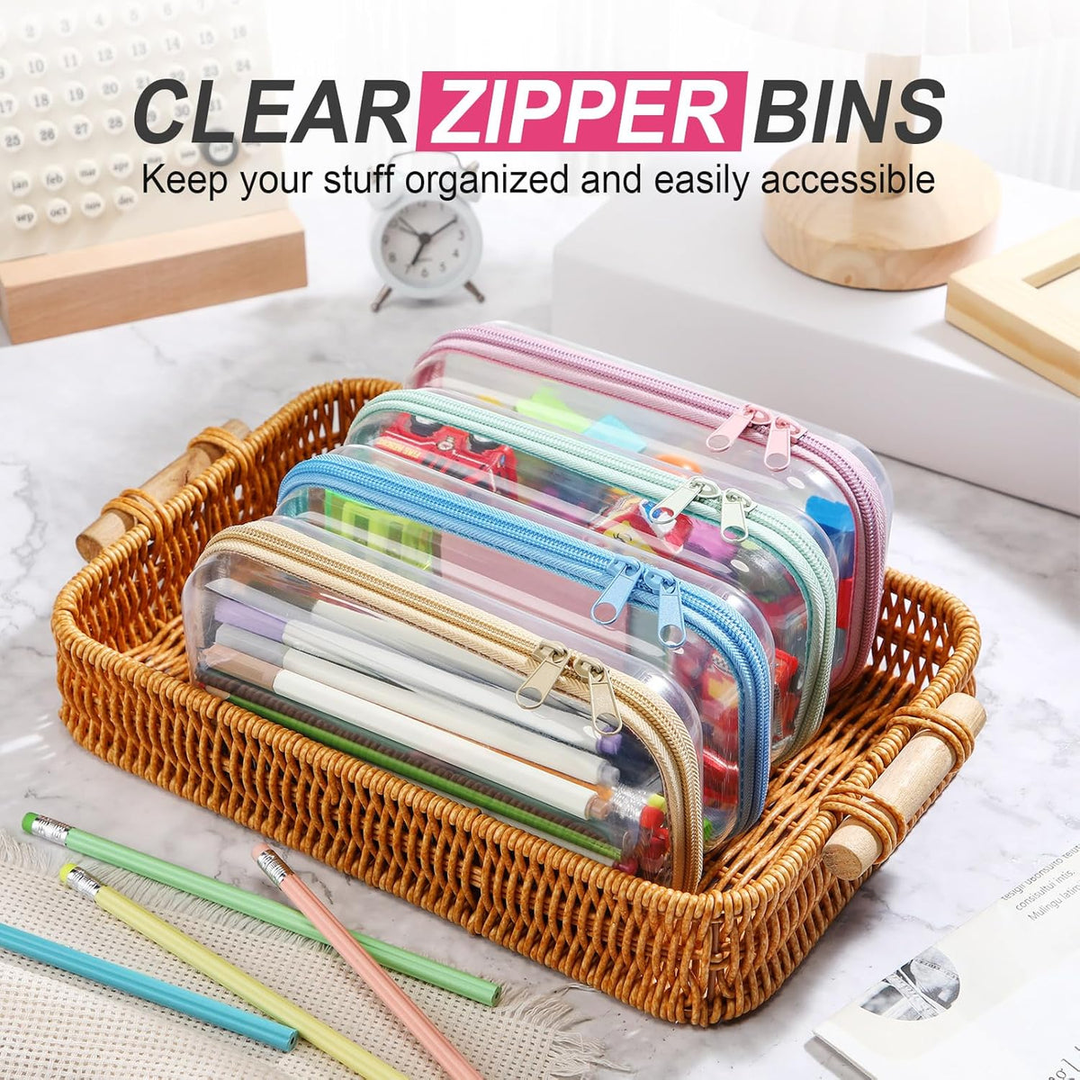 Hoolerry 4 Pcs Hard Clear Zipper Case Makeup Bags Plastic Pencil Pouch Transparent Storage Box