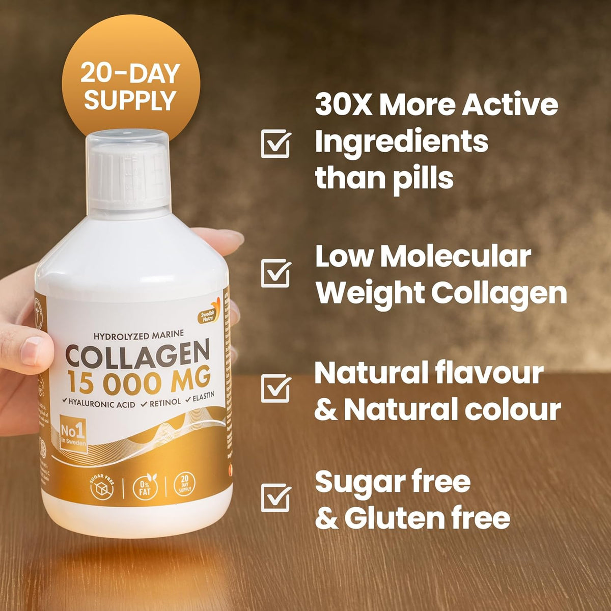Swedish Nutra - Liquid Marine Collagen 15,000mg - 3 Packs of 500ml I Hydrolyzed Collagen Peptides
