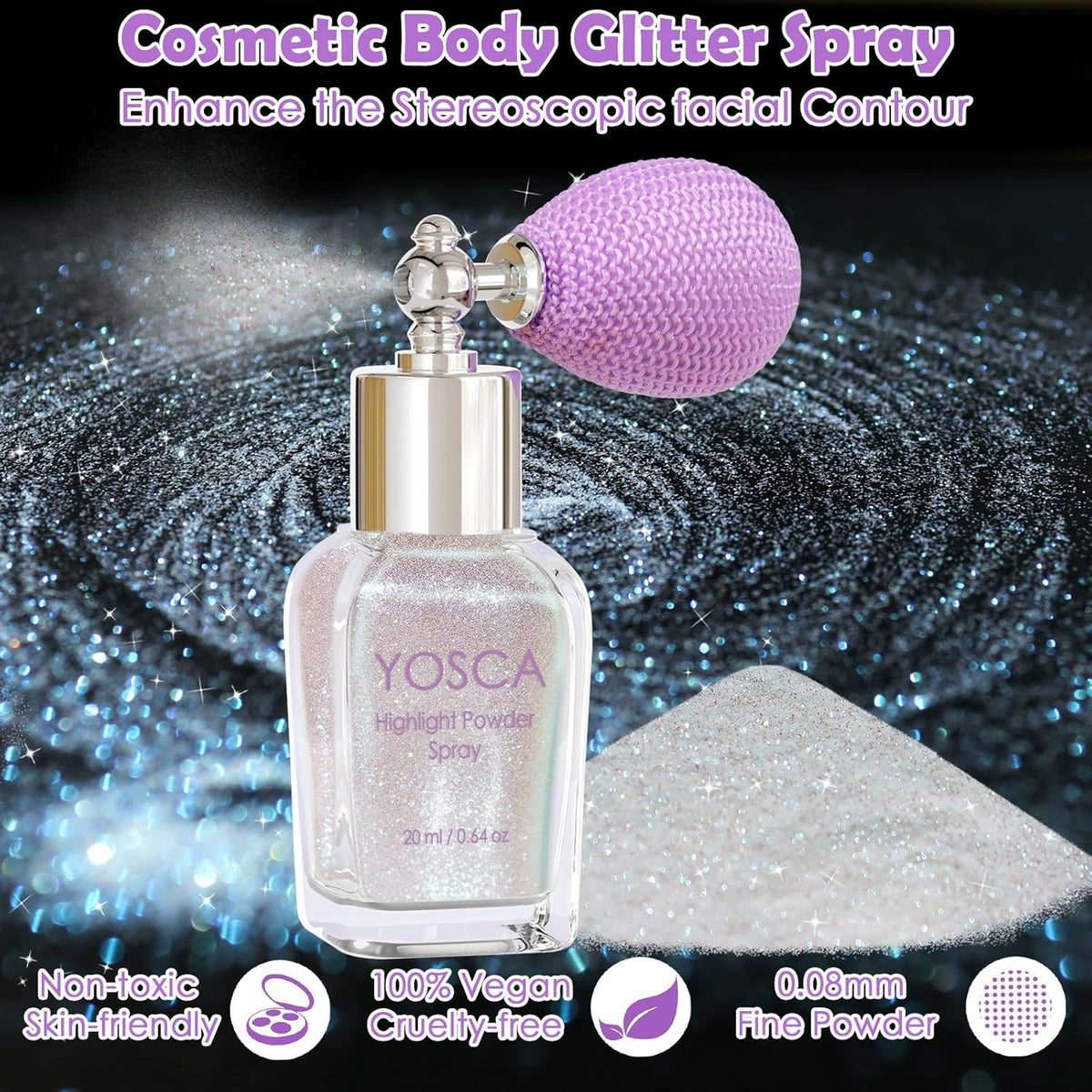 Yosca Body Glitter Spray, 30ML Loose Body Shimmer Powder Iridescent Hair Spray White Glitter