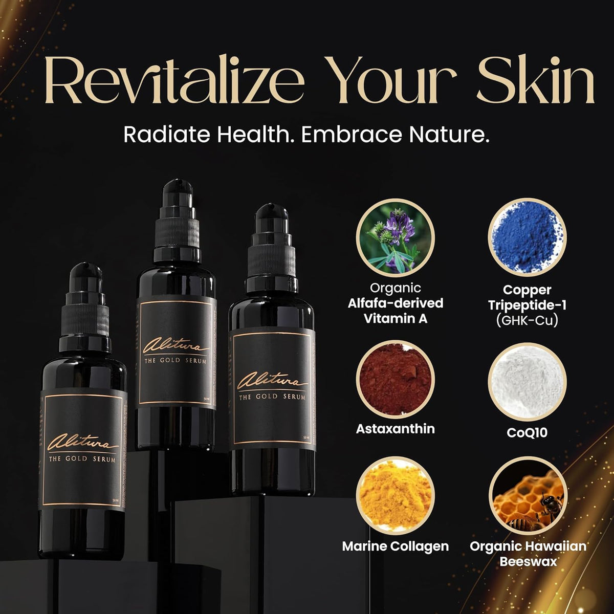 Alitura Anti-Aging Peptide & Collagen Gold Serum for Face – with Vitamin A, CoQ10 & Astaxanthin