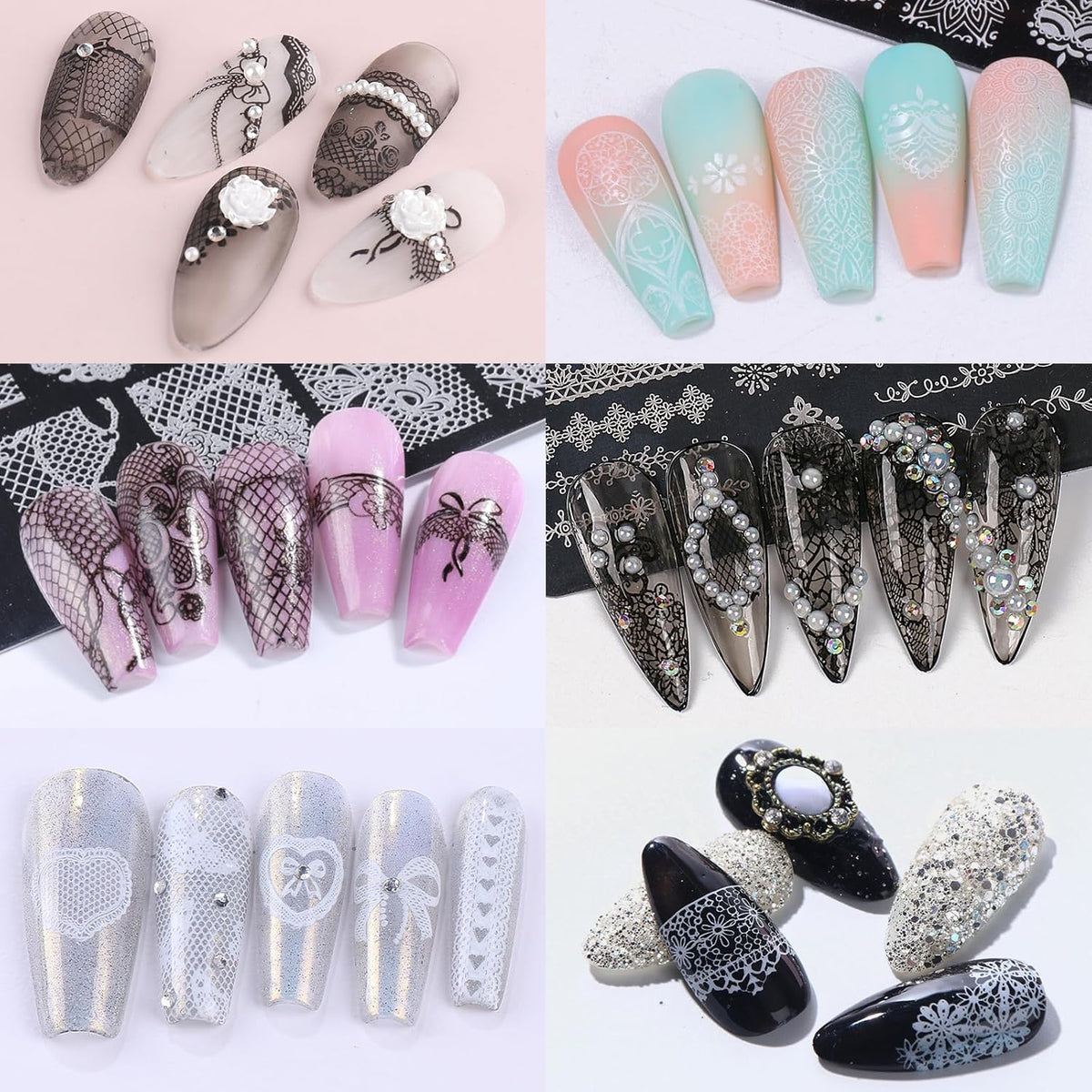 6pcs Lace Flower Design Nail Stamping Plate Kit With French Tip Nail Stamper Kit Ribbon Bow Knot