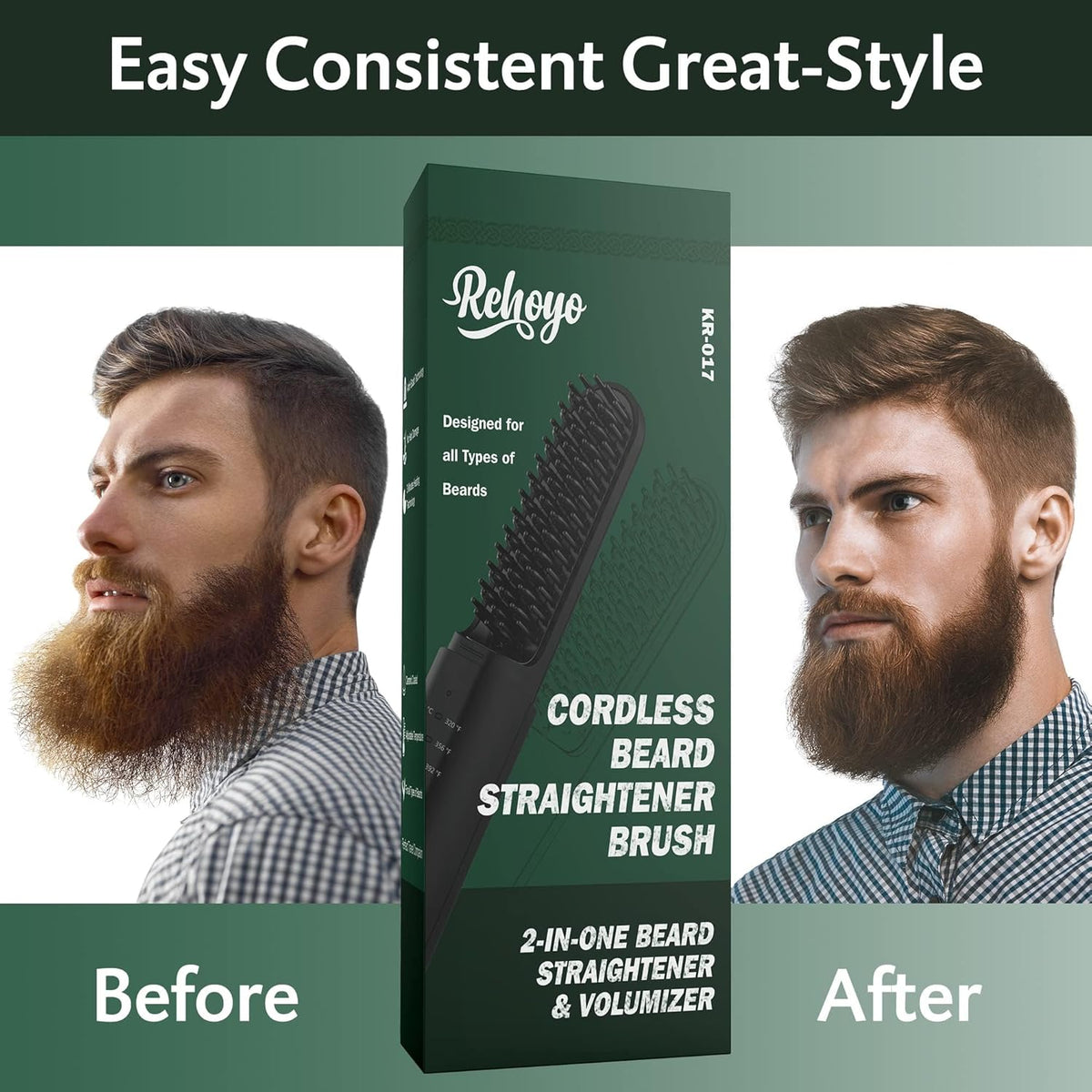 Beard Straightener for Men, Portable Cordless Heated Hair & Beard Straightening Brush with