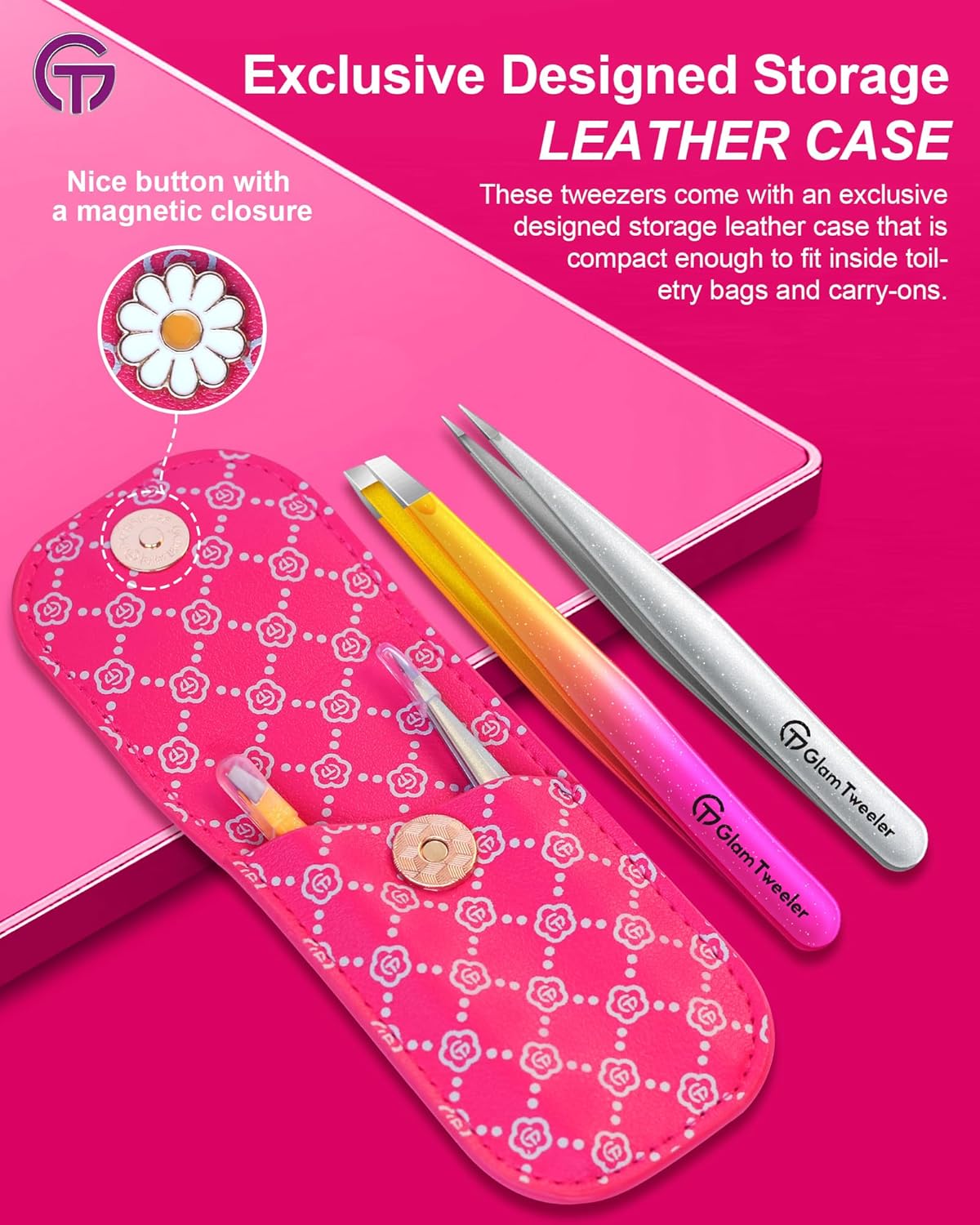Expert Slant and Point Tip Tweezer Set with Exclusive Travel Case, GlamTweeler Sharp & Precision