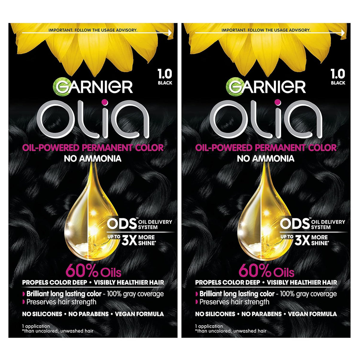 Garnier Hair Color Olia Ammonia-Free Brilliant Color Oil-Rich Permanent Hair Dye, 1.0 Black, 2