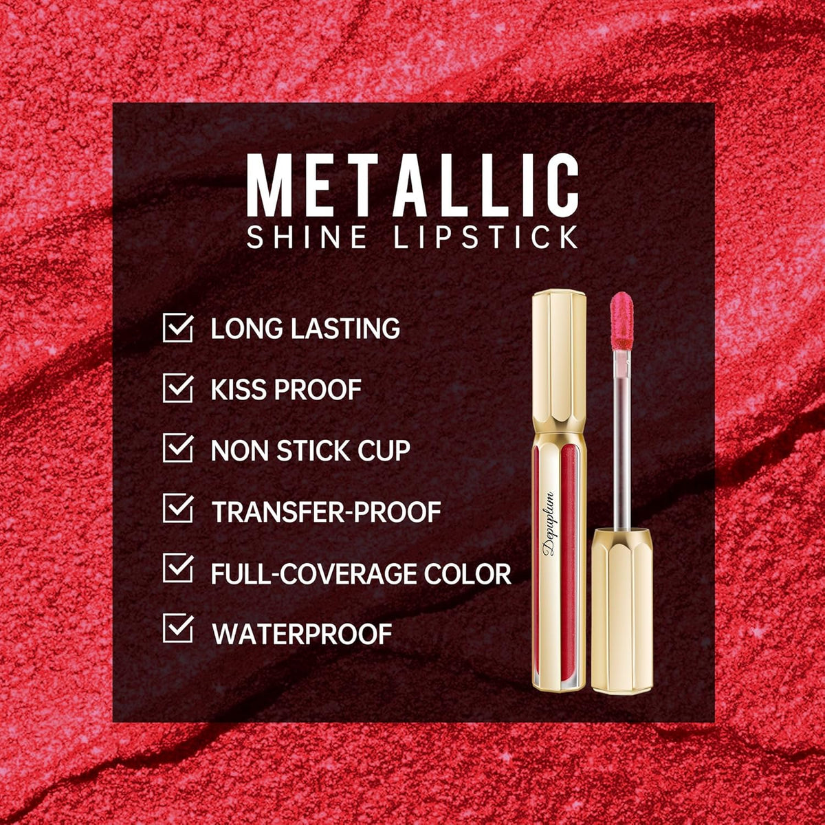 Red Lipsticks for Women Metallic Lipstick Long Lasting Non Stick Cup Lip Gloss, Metal Shine