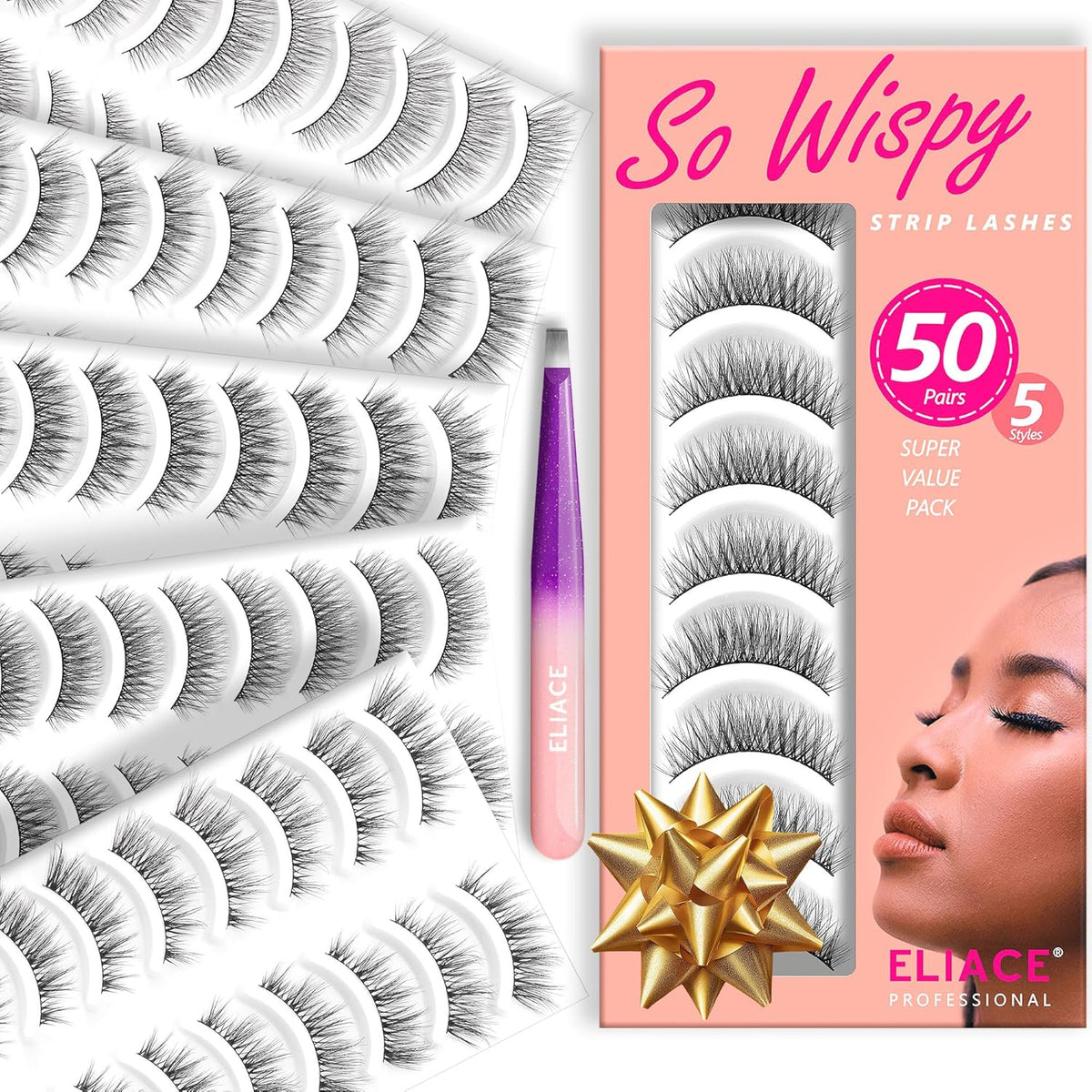 Eliace Luxurious 50 Pairs 5 Styles Cat Eye Lashes Wispy False Eyelashes Natural look 3D Mink Lashes