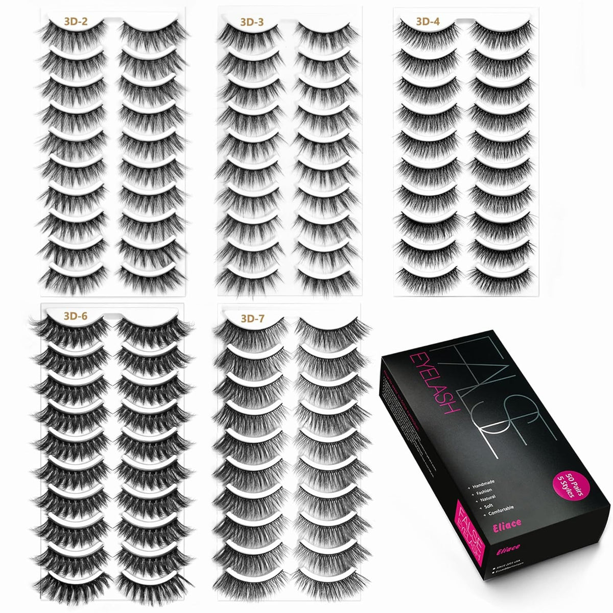 Eliace Eyelashes, (50 Pairs,5 Styles) Luxurious Faux Mink Lashes Natural Look Wispy Fluffy Handmade