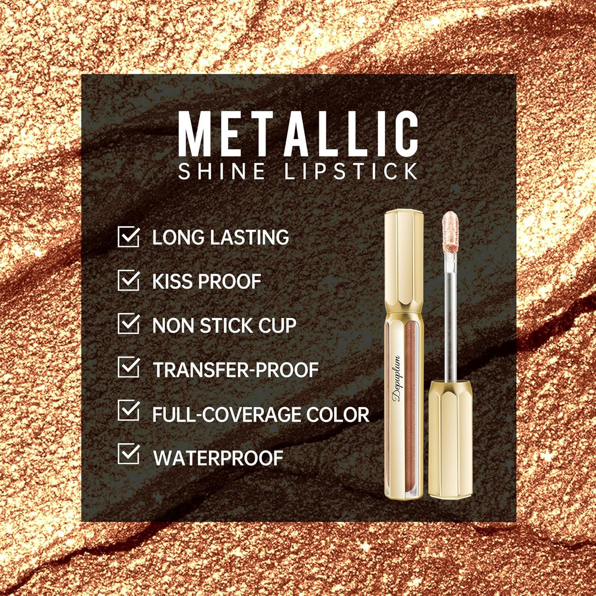 Gold Lipsticks for Women Metallic Lipstick Long Lasting Non Stick Cup Lip Gloss, Shimmer