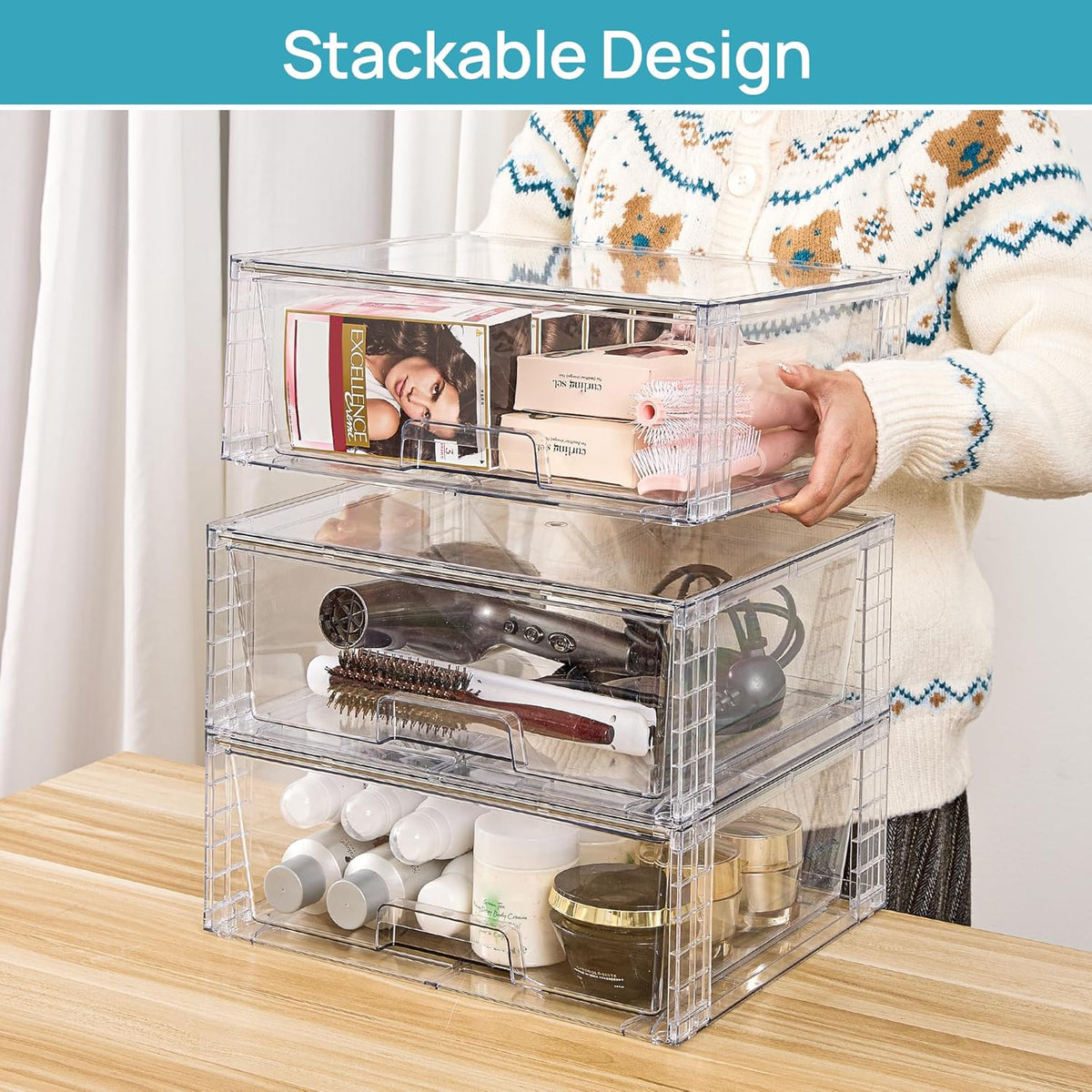 Vtopmart 2 Pack Large Stackable Storage Drawers,Easily Assemble Clear Acrylic Bathroom Closet