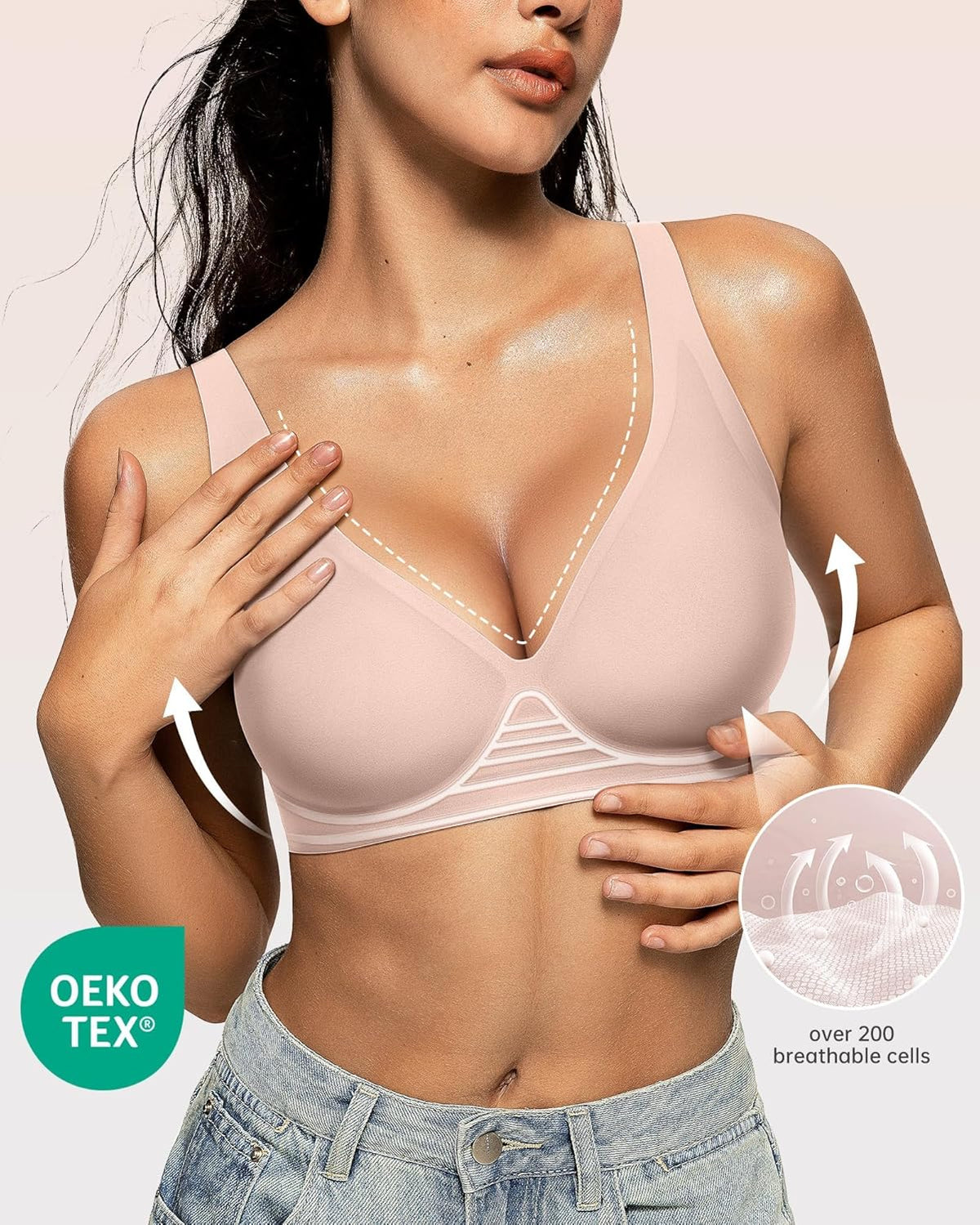 OEAK Womens Deep V Bras Wireless Comfortable Bra Supportive No Underwire Bras Tshirt Push Up