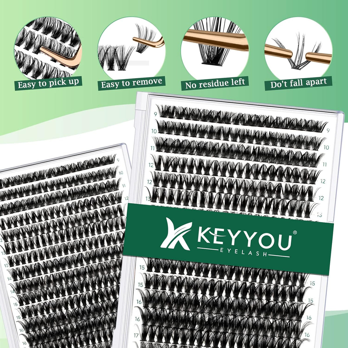 Lash Clusters 300pcs Individual Lashes 50D 0.07C Curl 9-18MIX DIY Eyelash Extension KEYYOU Large
