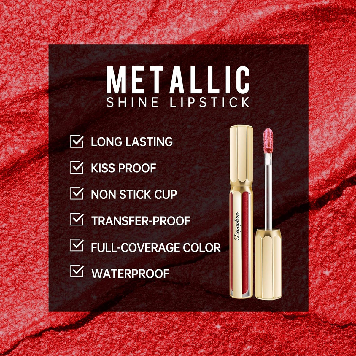 Dark Red Lipsticks for Women Metallic Lipstick Long Lasting Non Stick Cup Lip Gloss, Metal Shine