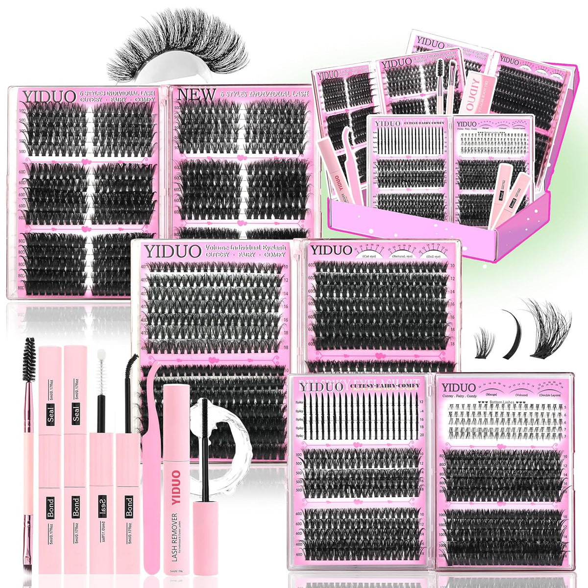 6 Box Mix Lashes Clusters Kit Gift Packs 1686Pcs with 2X Bond&Seal Volume Mega/Bottom Soft
