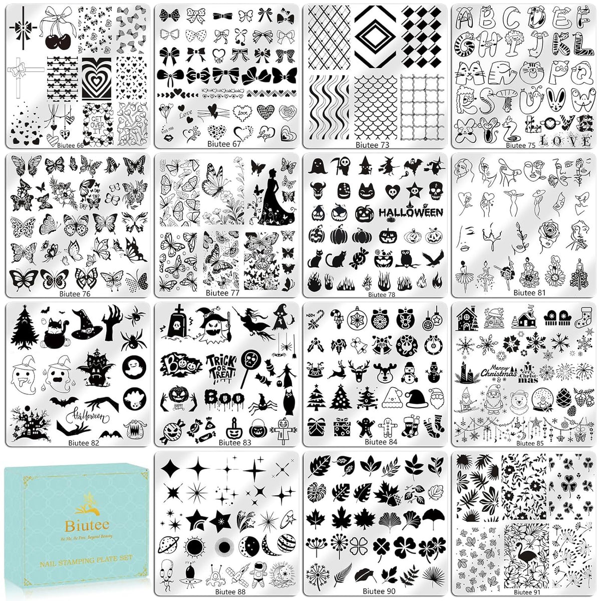Biutee Nail Stamping Plate 15PCS Nail Stamper Kit Nail Art Stamping Plates Set with Nail Stamper
