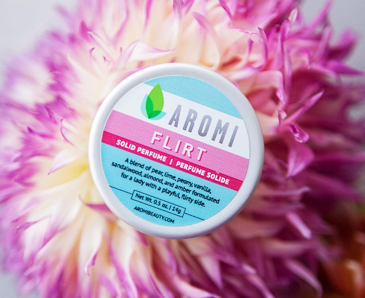 Aromi Flirt Solid Perfume | Floral, Woodsy Fragrance, Vegan, Cruelty-free, Almond, Peony, Vanilla