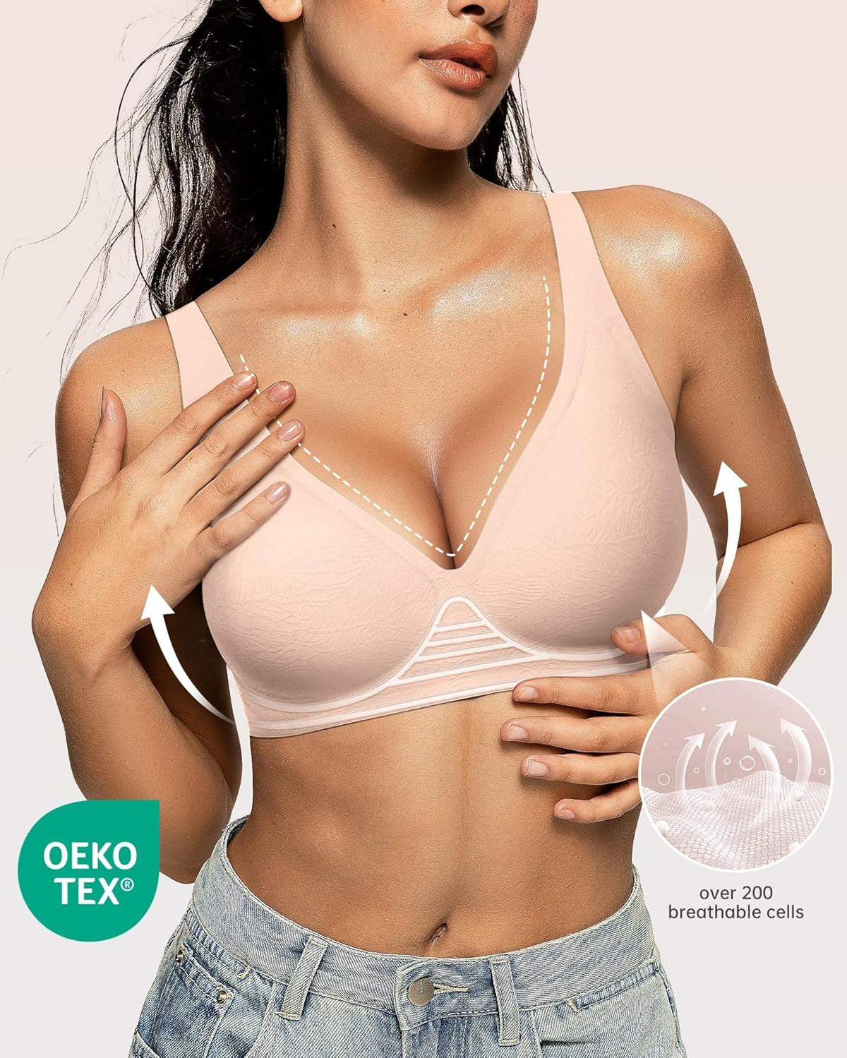 OEAK Womens Deep V Bras Wireless Comfortable Bra Supportive No Underwire Bras Tshirt Push Up