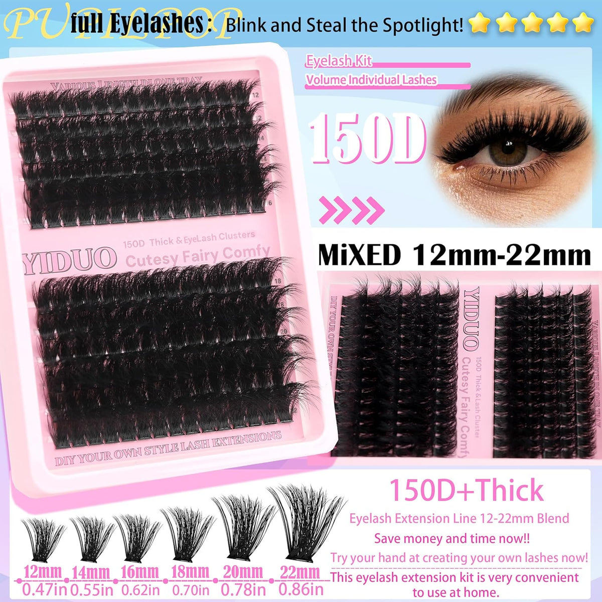 575Pcs Bulk Pack Lashes Clusters Kit with Glue and Removers, D Curl Volume 150D+200D+Spiky Lashes
