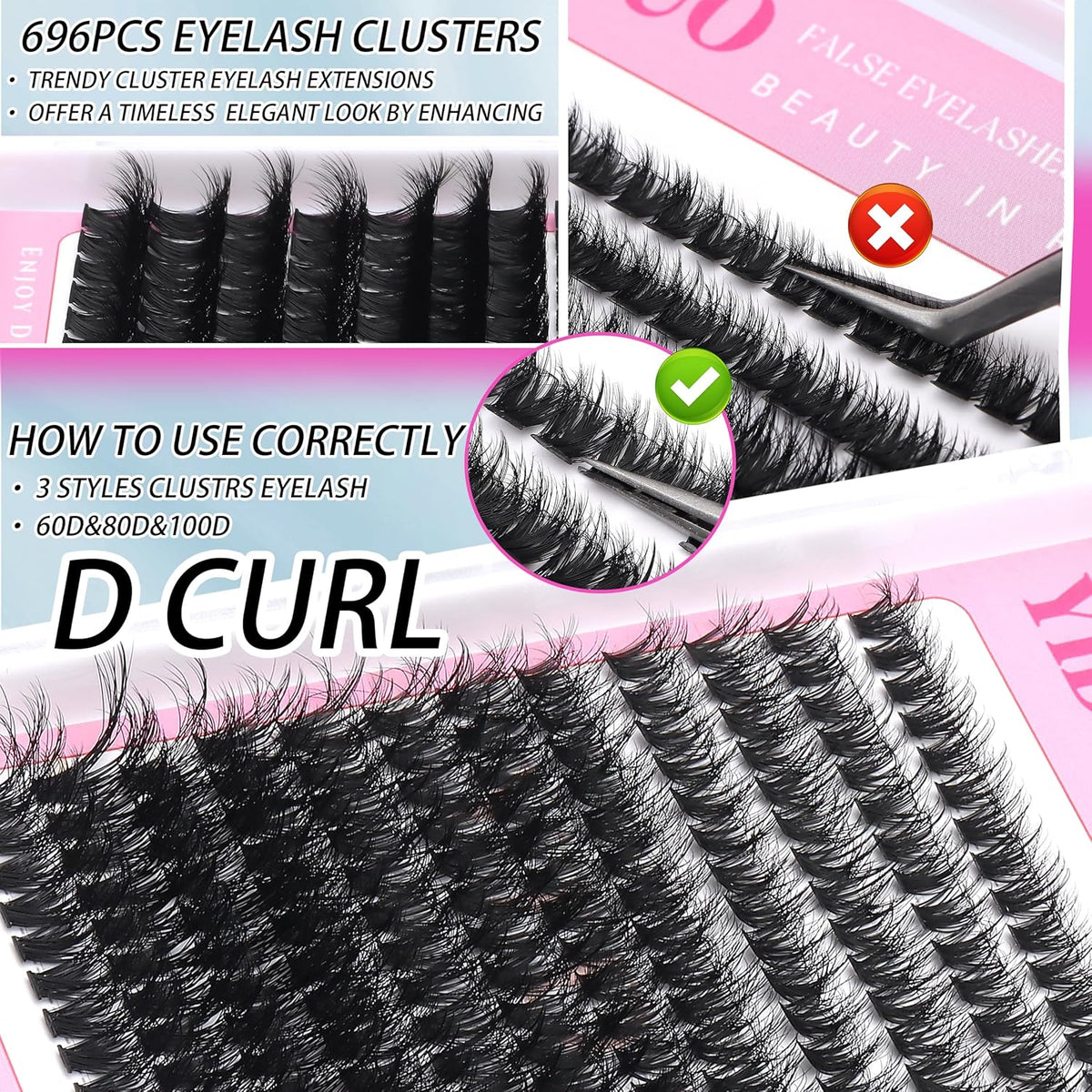 D Curl Volume Fake Eyelashes Lashes Cluster Kit Wispy Faux Mink Lashes 696Pcs Bulk Packs, DIY
