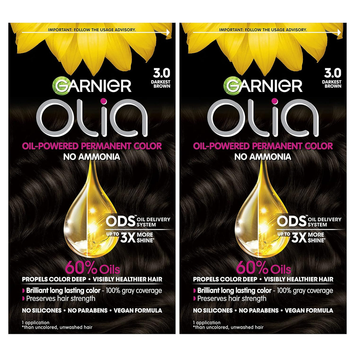 Garnier Hair Color Olia Ammonia-Free Brilliant Color Oil-Rich Permanent Hair Dye, 3.0 Darkest